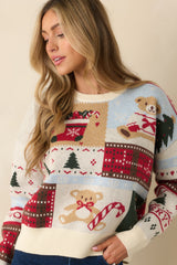 Oh So Merry White Multi Knit Christmas Patchwork Print Sweater