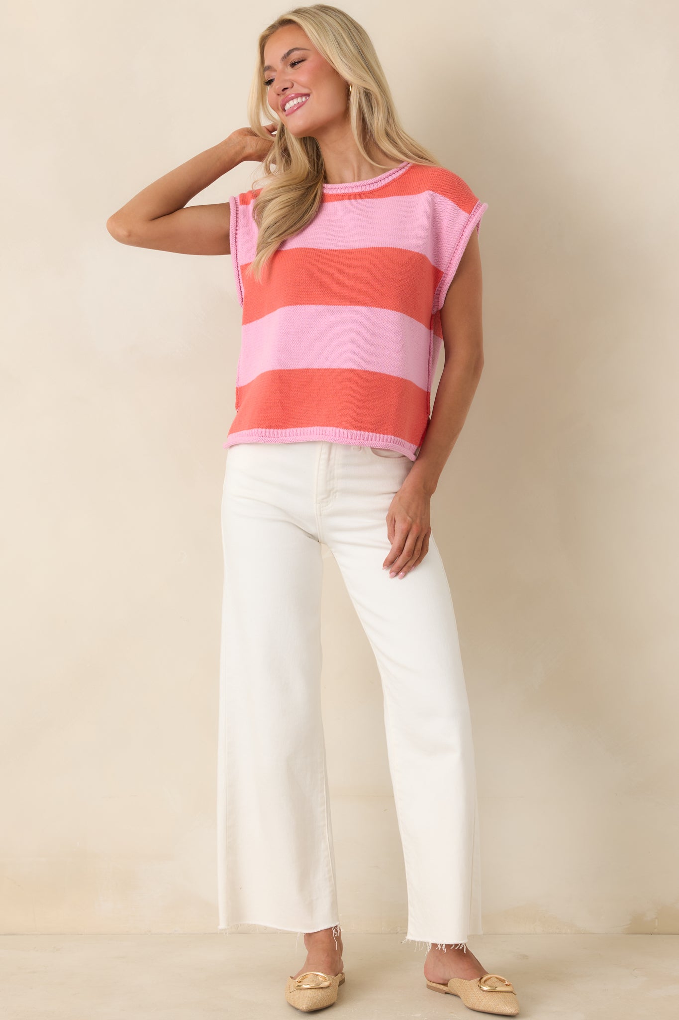 All In A Day Pink & Poppy Red Stripe Knit Top