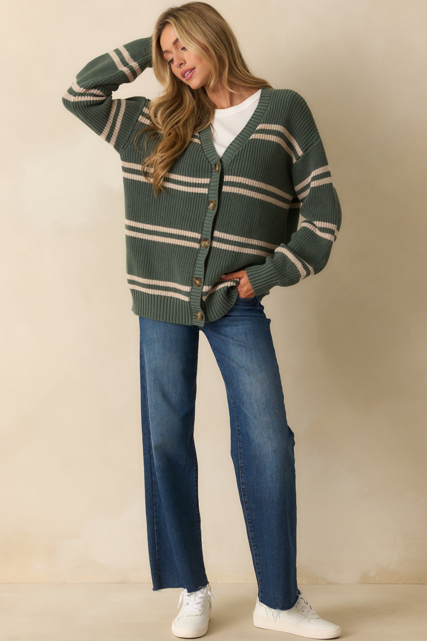 Z Supply Green Cotton Boyfriend Striped Cardigan