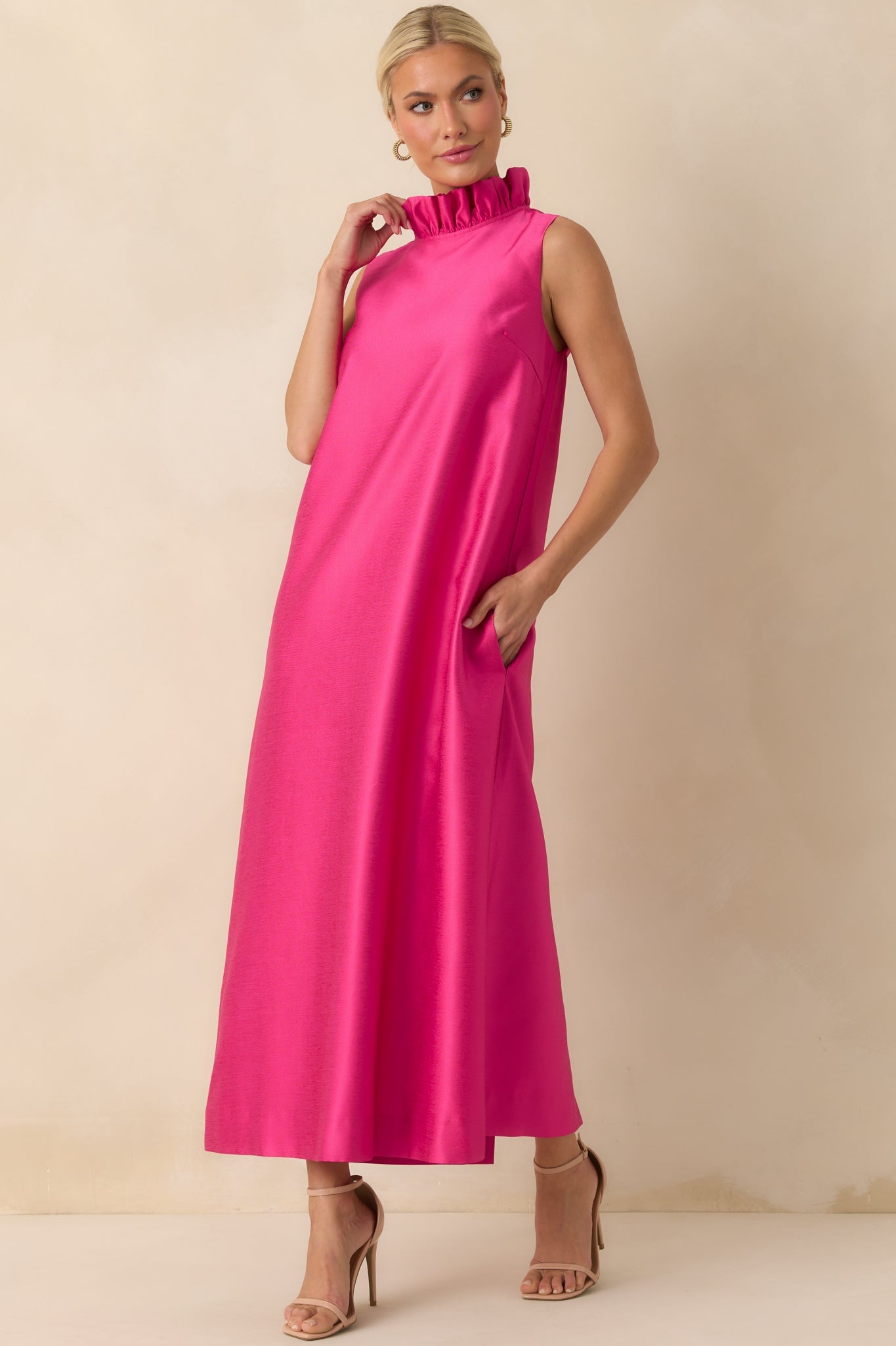 Prosperina Cecily Hot Pink Ruffle Neck Maxi Dress