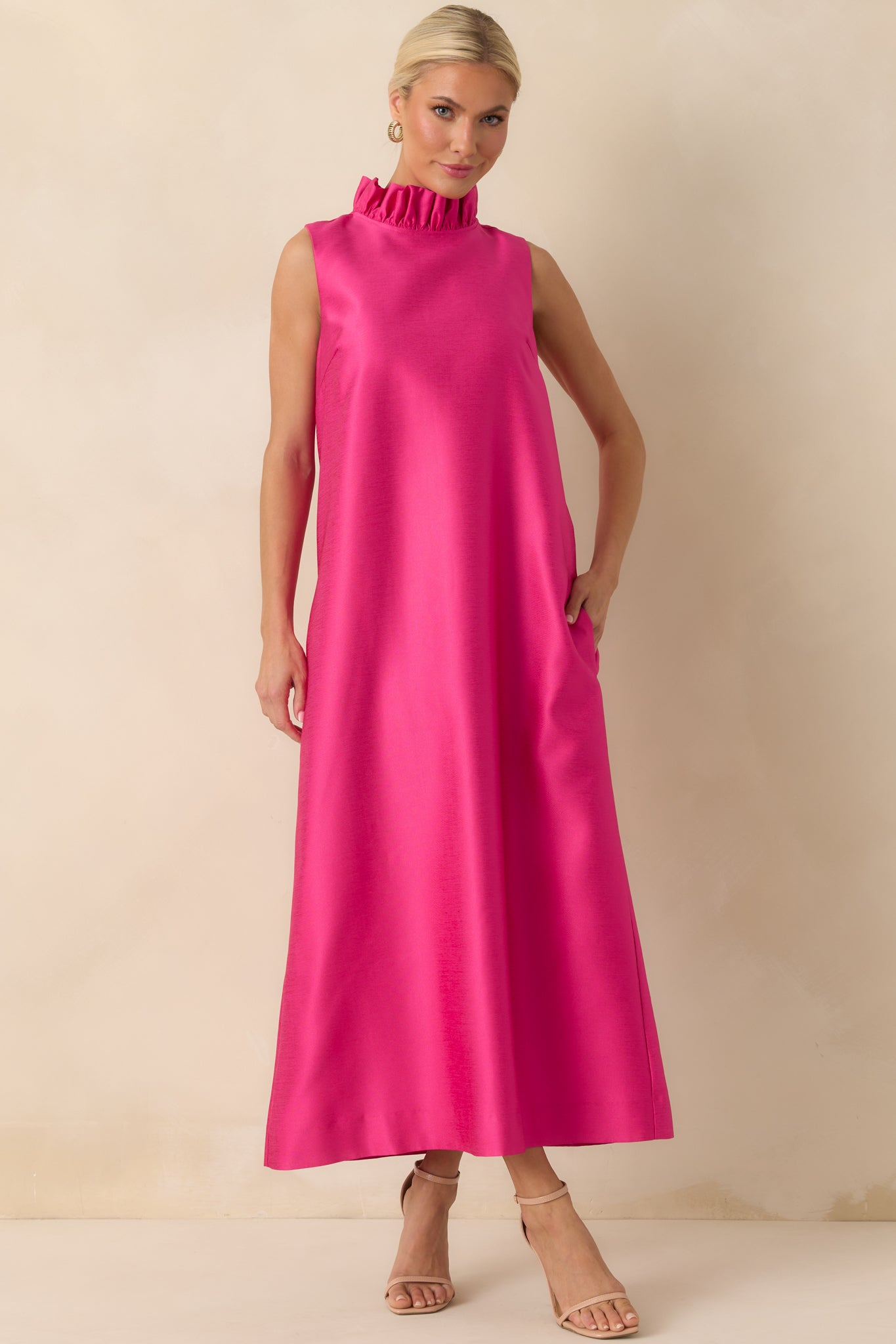 Prosperina Cecily Hot Pink Ruffle Neck Maxi Dress