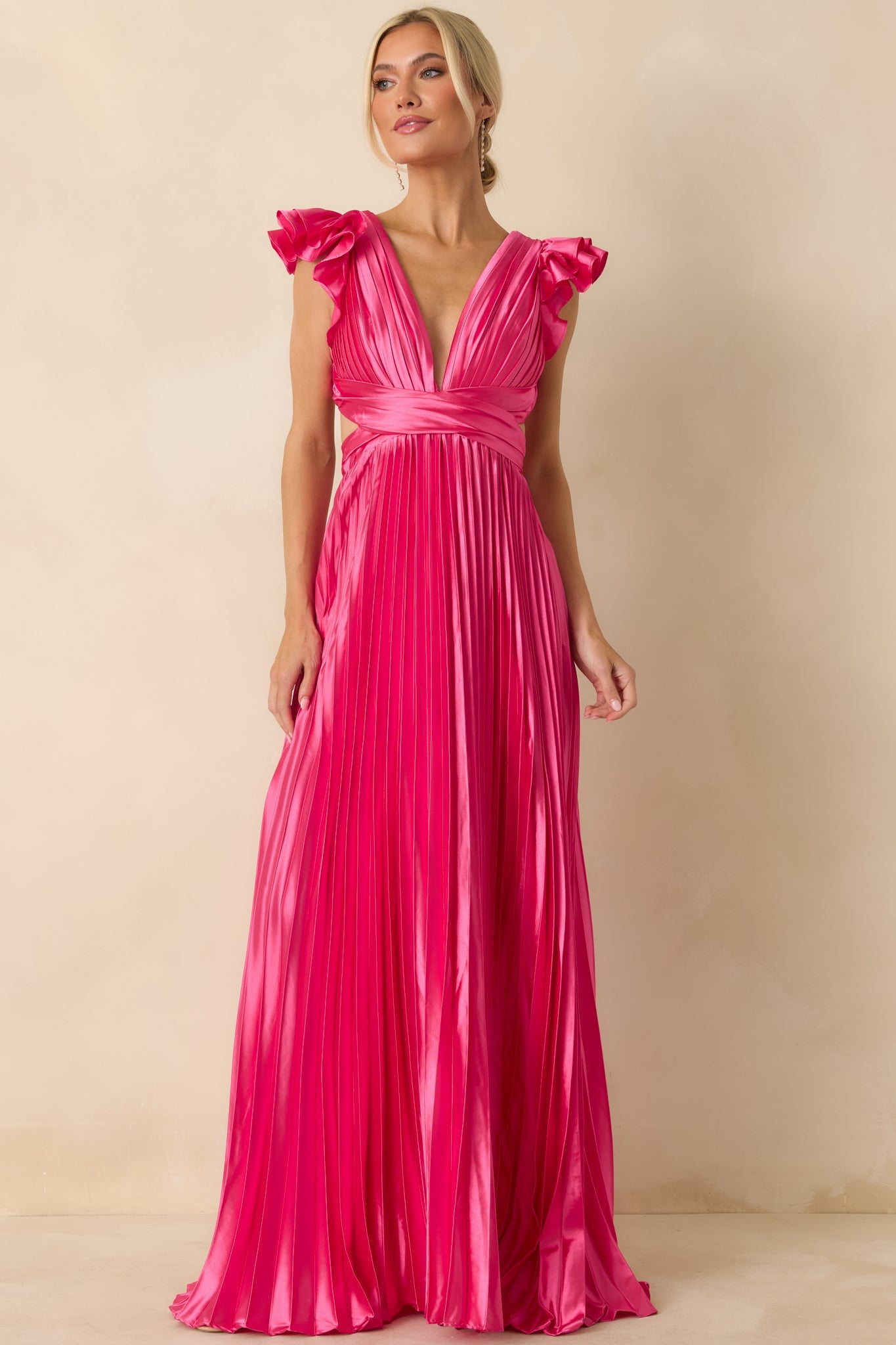 Let's Dance Hot Pink Pleated Satin Lace Back Maxi Dress