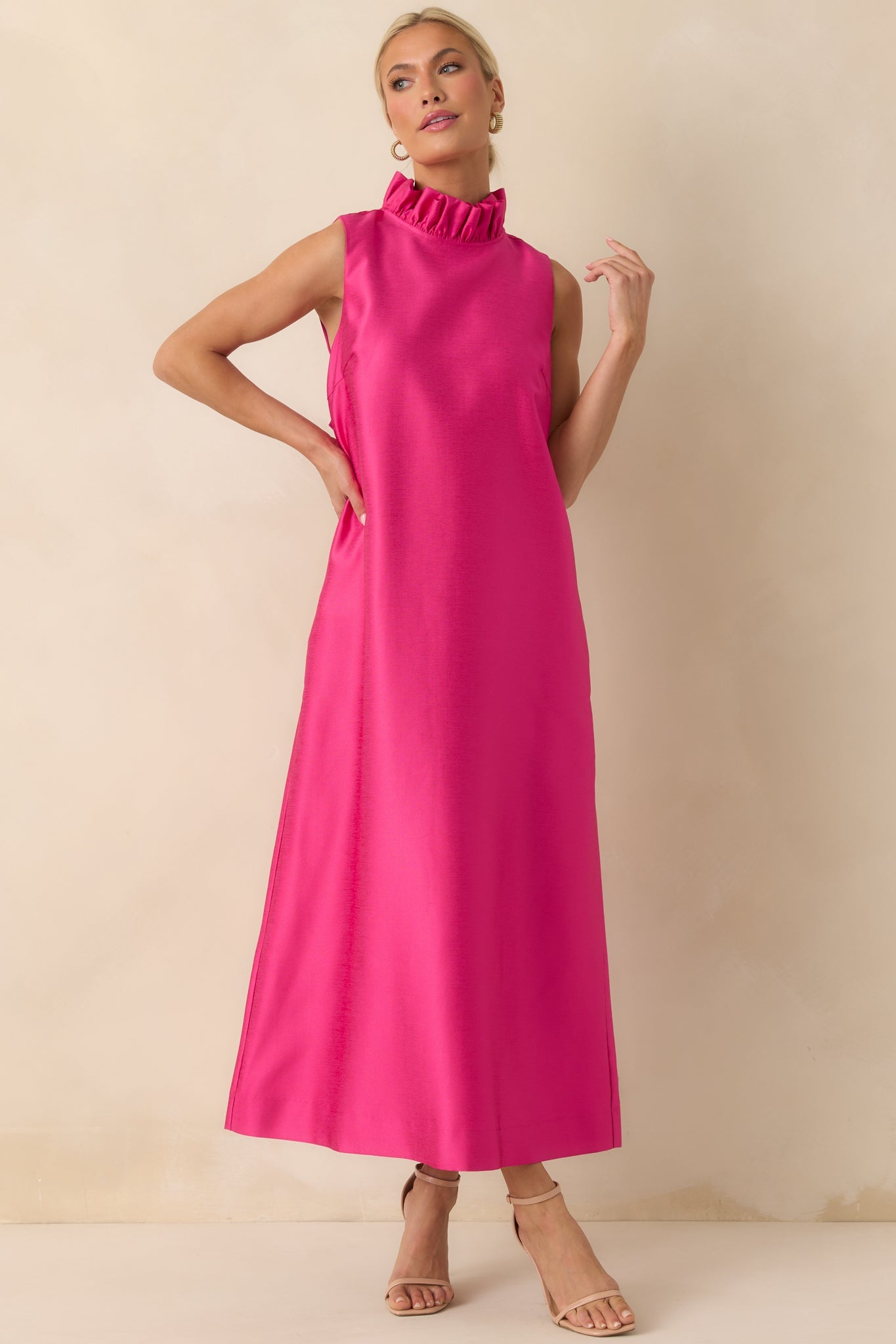 Prosperina Cecily Hot Pink Ruffle Neck Maxi Dress