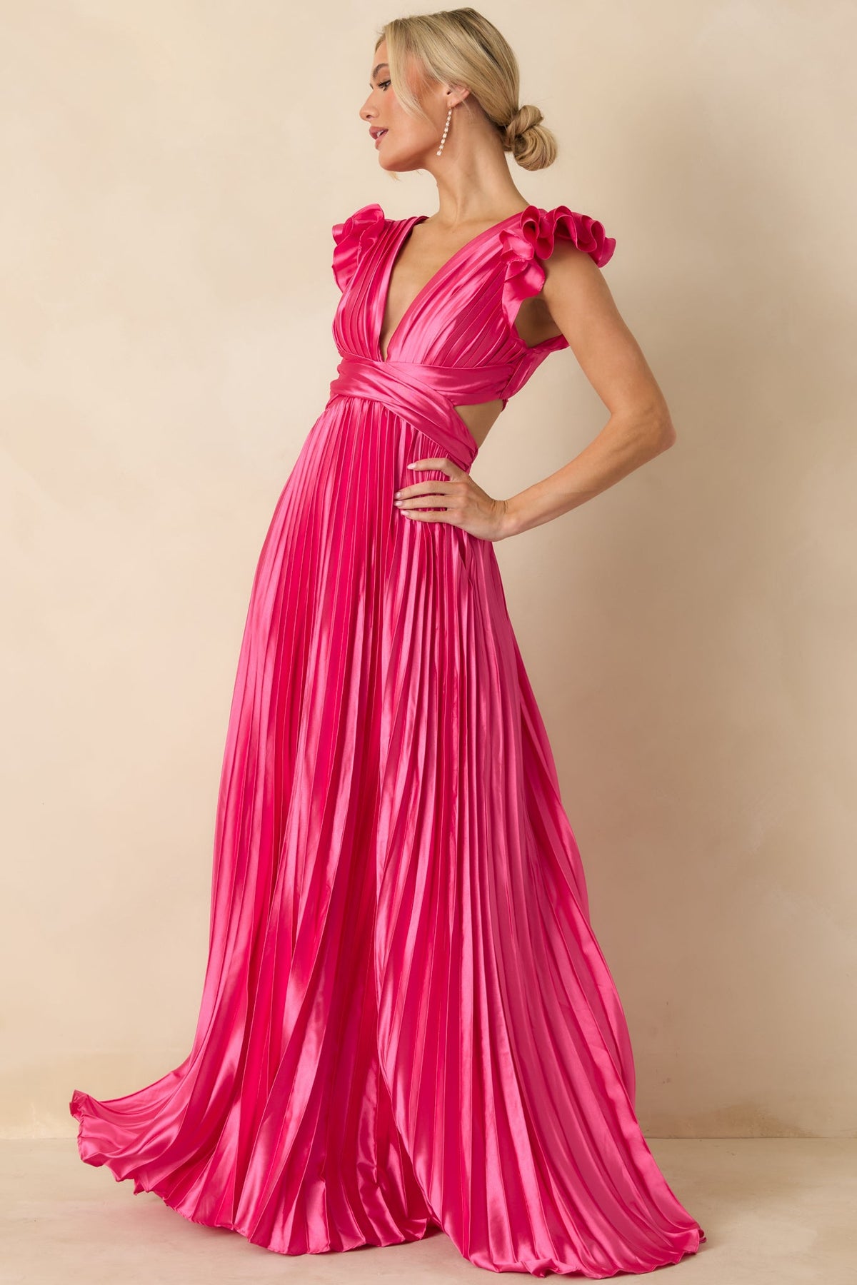 Let's Dance Hot Pink Pleated Satin Lace Back Maxi Dress