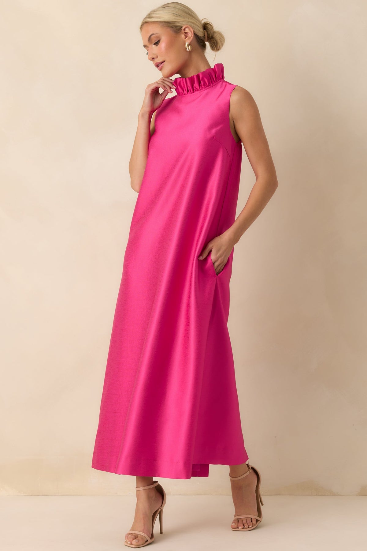 Prosperina Cecily Hot Pink Ruffle Neck Maxi Dress