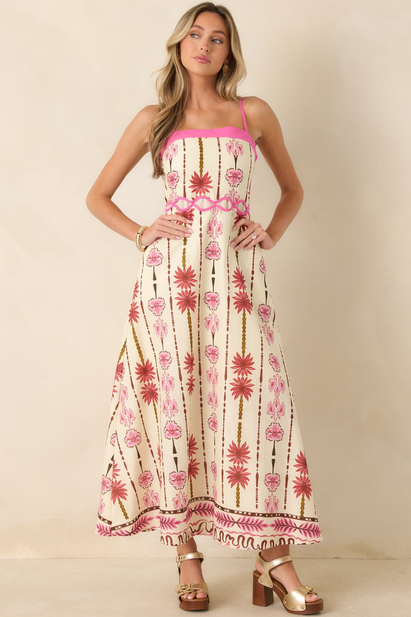 Palms & Prosecco Pink Floral Cotton Linen Maxi Dress