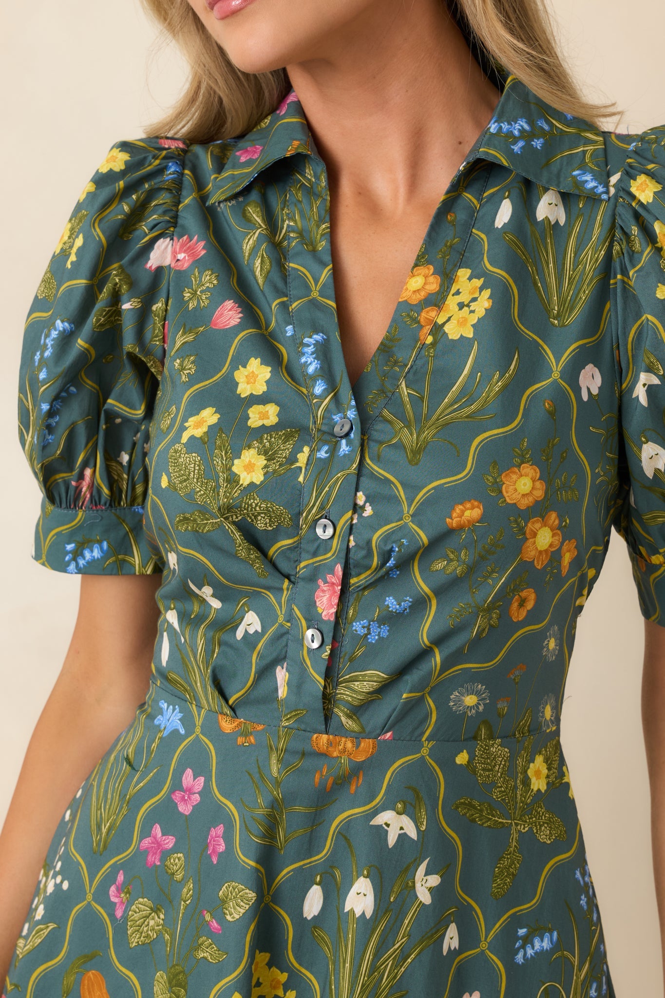 Hidden Garden Hunter Green Multi Floral Cotton Midi Dress