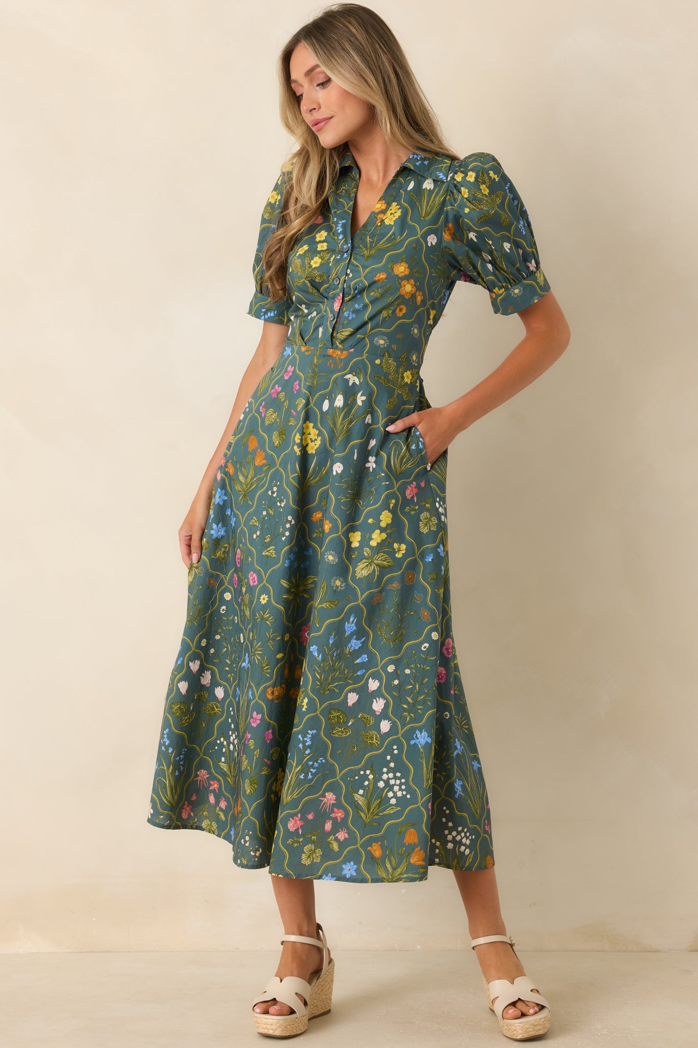 Hidden Garden Hunter Green Multi Floral Cotton Midi Dress