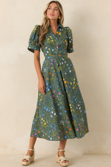 Hidden Garden Hunter Green Multi Floral Cotton Midi Dress