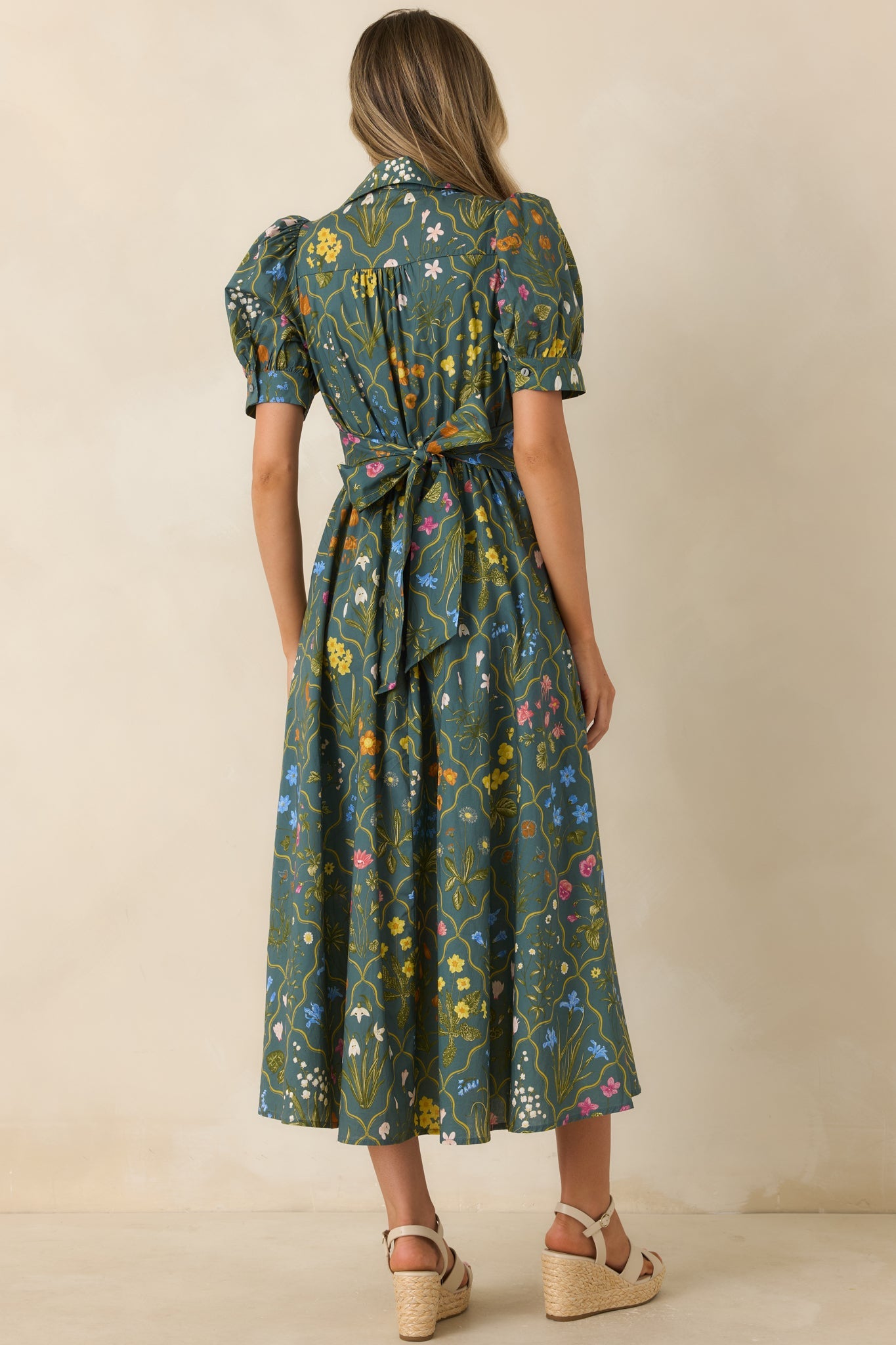 Hidden Garden Hunter Green Multi Floral Cotton Midi Dress