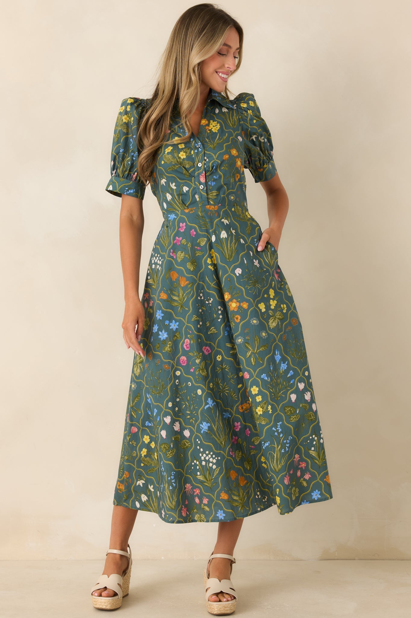 Hidden Garden Hunter Green Multi Floral Cotton Midi Dress