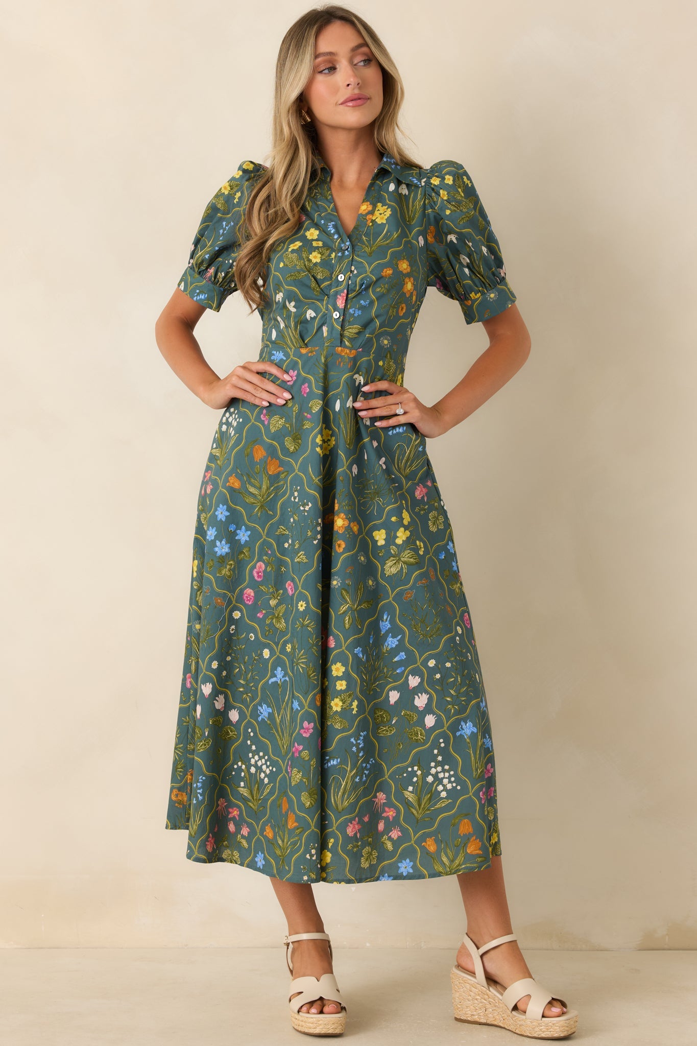 Hidden Garden Hunter Green Multi Floral Cotton Midi Dress