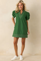 Took The Right Turn Hunter Green Cotton Puff Sleeve Mini Dress