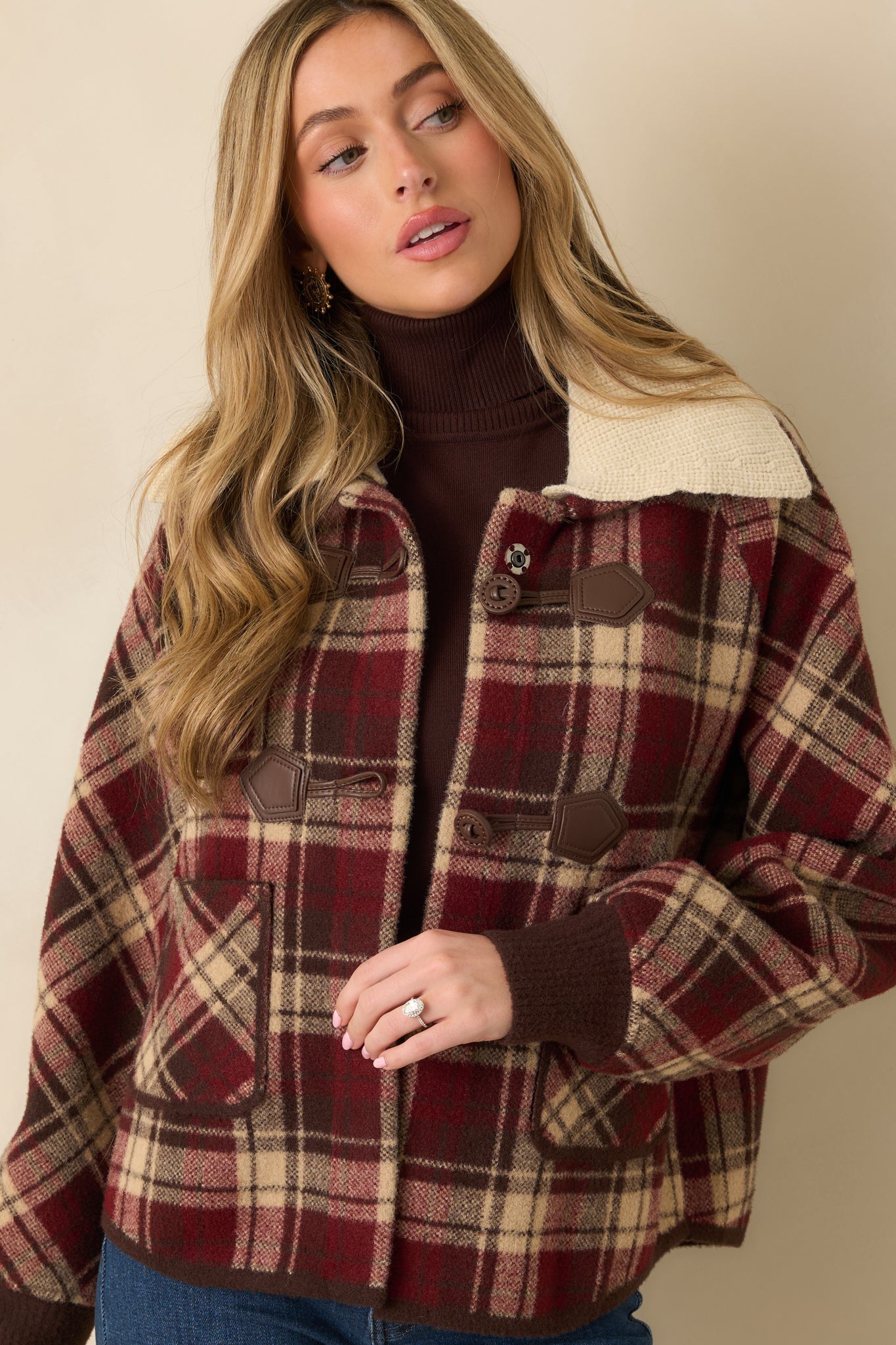 Cabin Check Cranberry Red Plaid Knit Collared Jacket