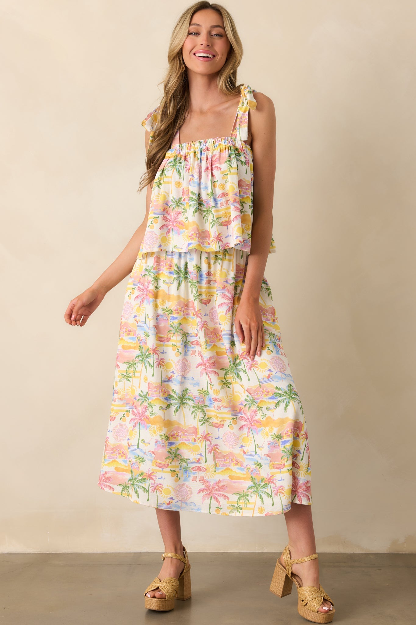 Seaside Bliss Ivory Multi Tropical Print Linen Maxi Skirt