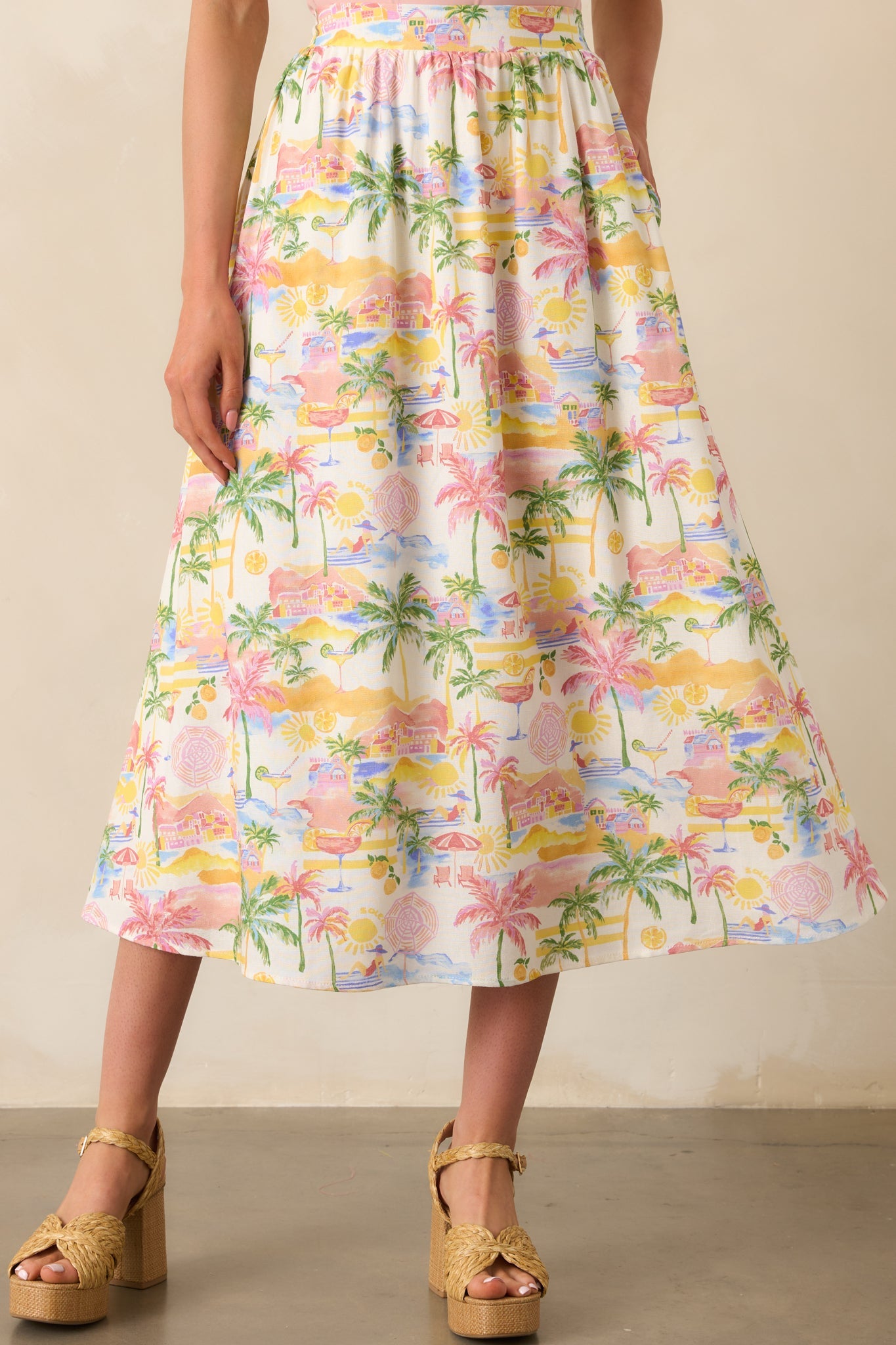 Seaside Bliss Ivory Multi Tropical Print Linen Maxi Skirt