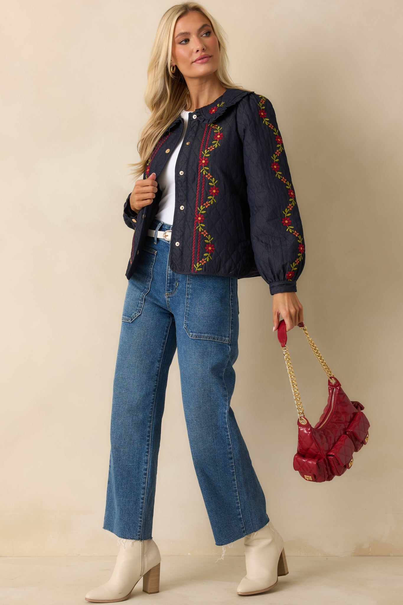 Wildflower Trails Dark Indigo Denim Quilted Embroidered Button Up Jacket