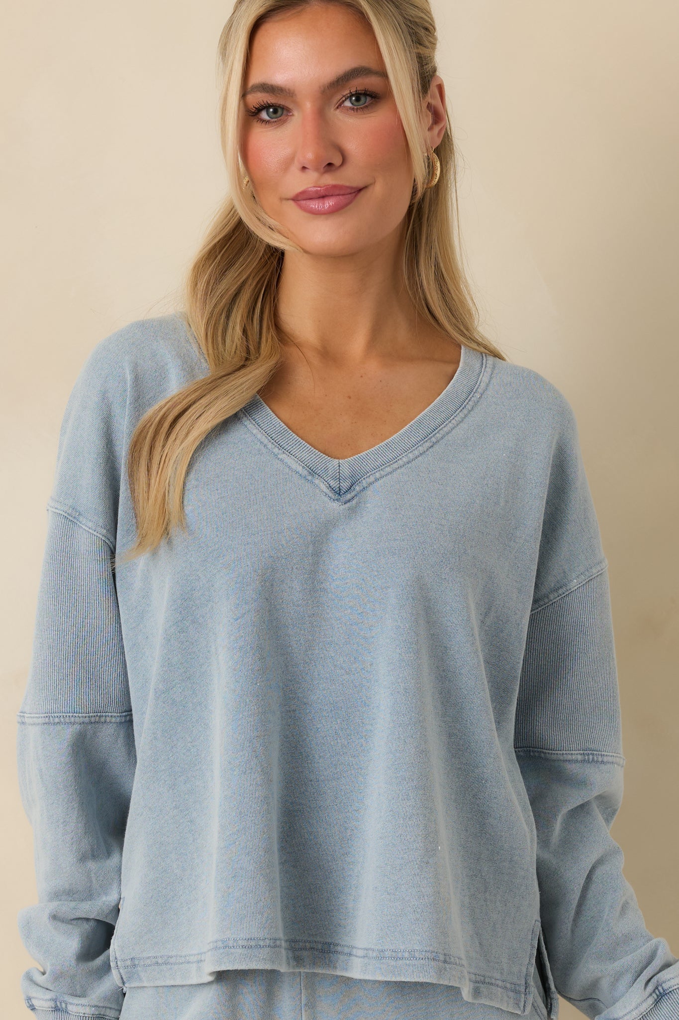 Z Supply Ocean Air Indigo Delphine Knit Denim V-neck Sweatshirt