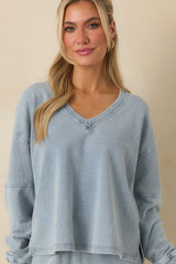 Z Supply Ocean Air Indigo Delphine Knit Denim V-neck Sweatshirt