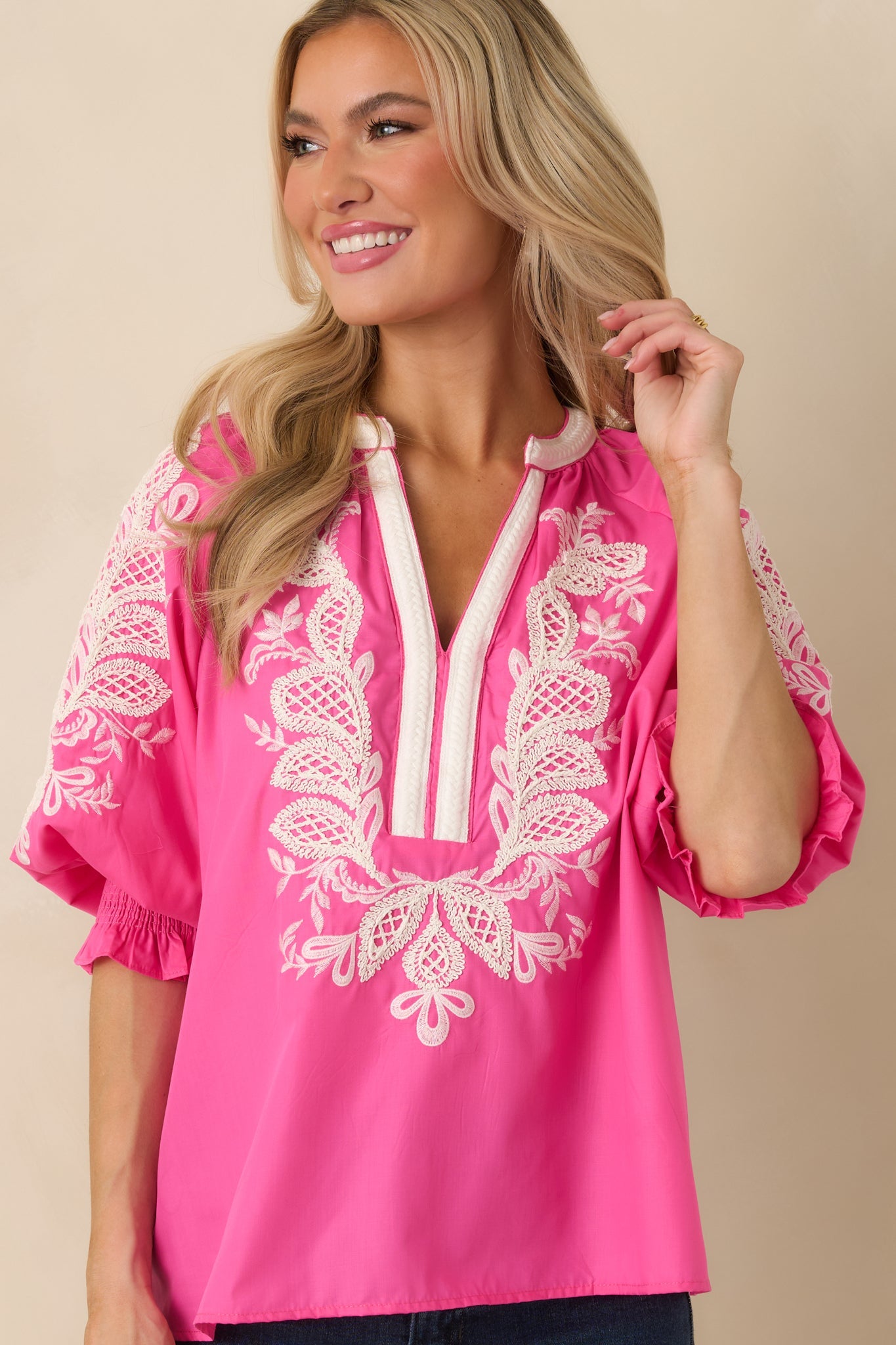 Simple Joys Pink Embroidered V-Neck Puff Sleeve Top
