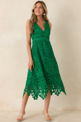 Where the Party Is Green Lace V-Neck Sleeveless Midi Dress
