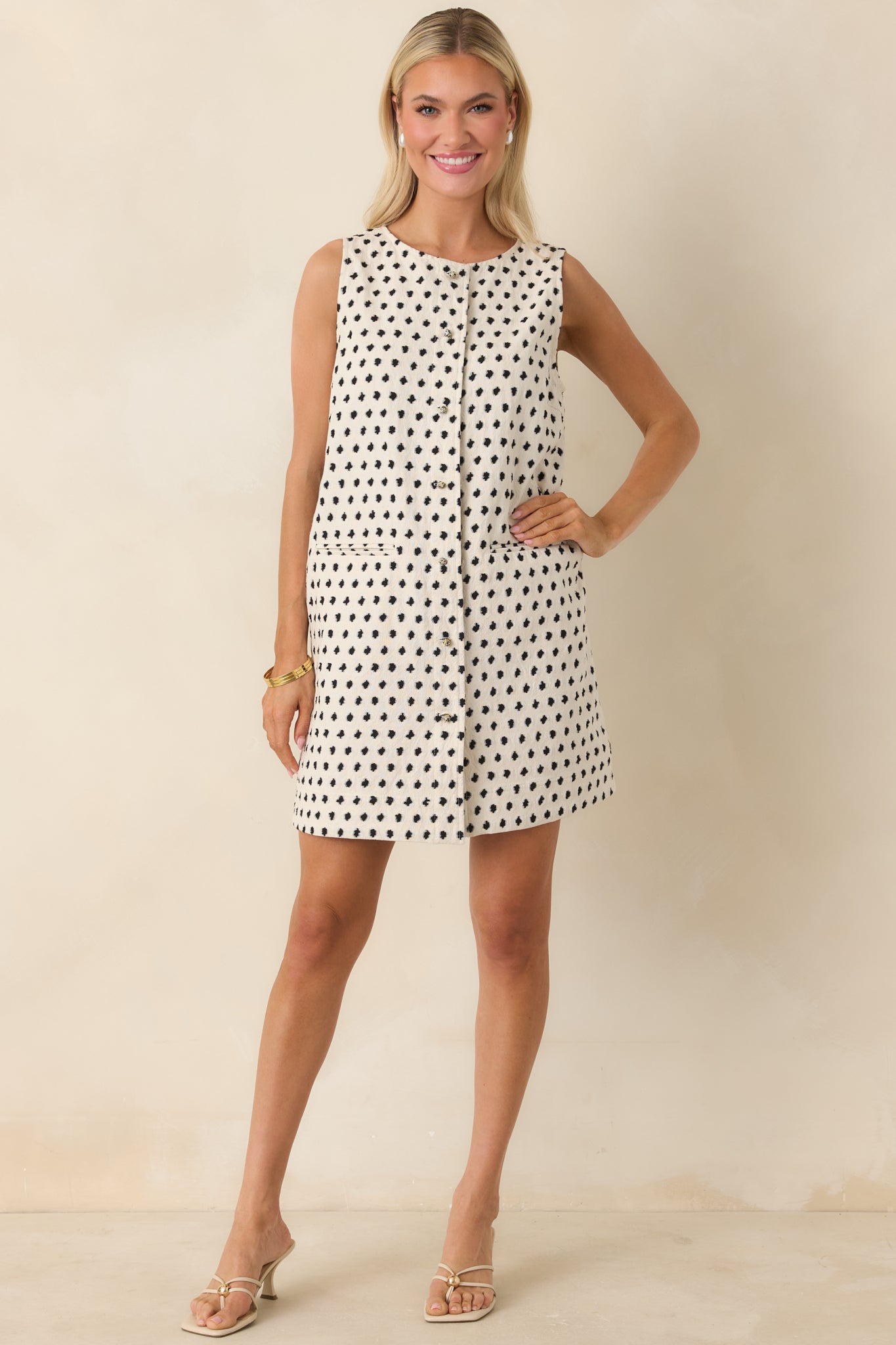 FRNCH Tamarinia Ivory & Black Cotton Linen Sleeveless Mini Dress