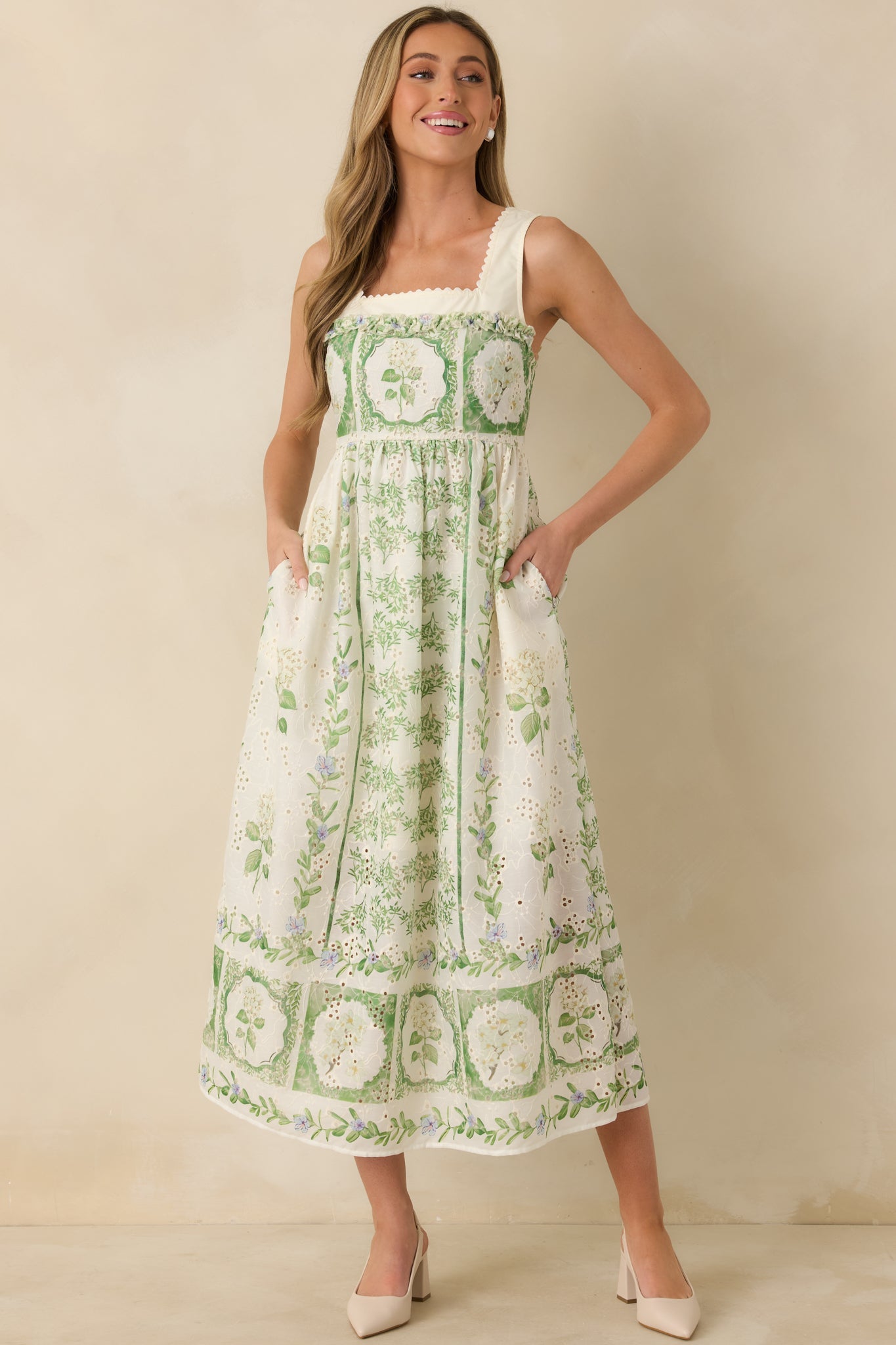 Spring Forward Ivory & Green Floral Eyelet Sleeveless Maxi Dress