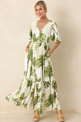 Under Swaying Palms Ivory & Green Tropical Flutter Maxi Dress