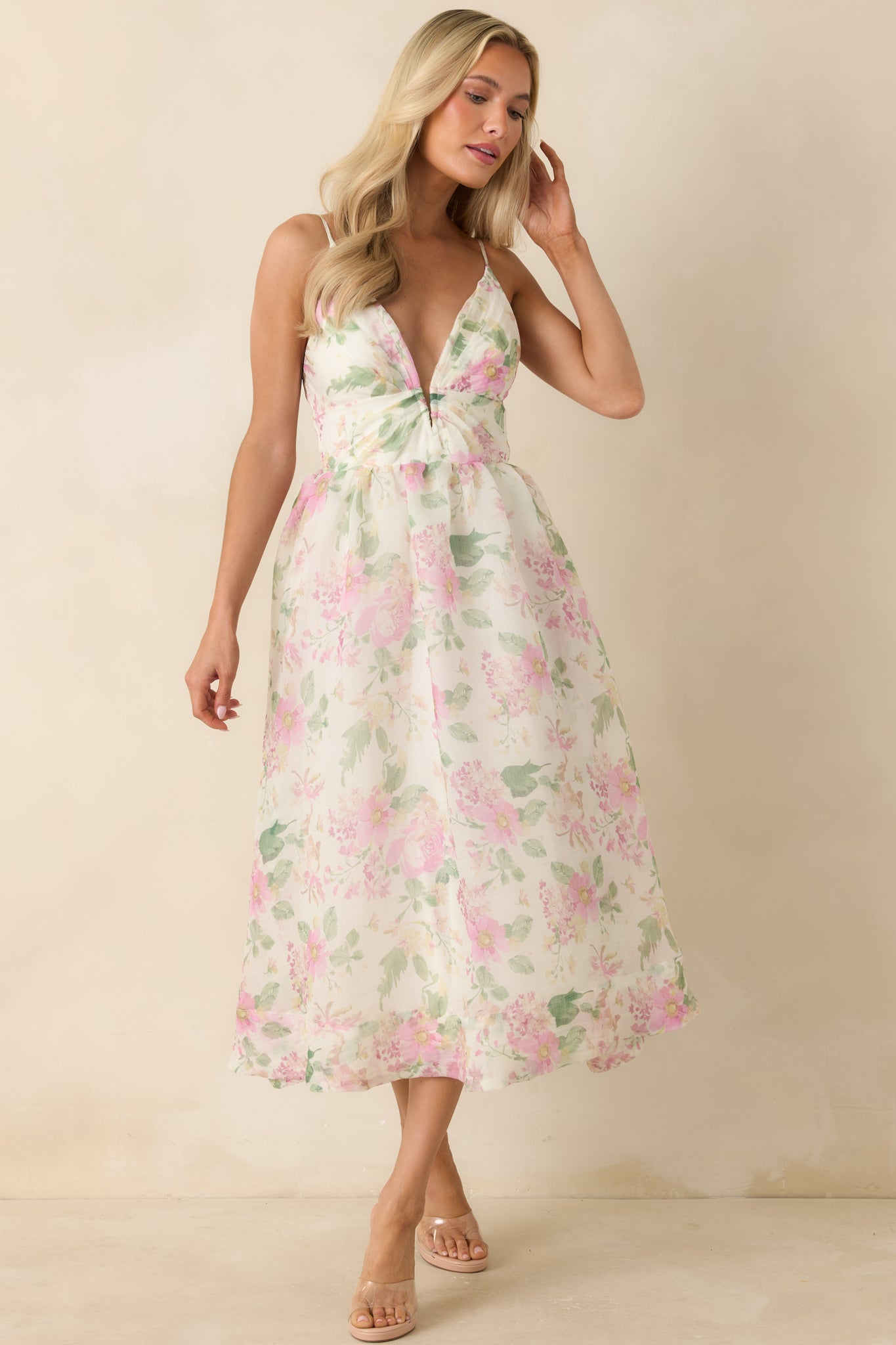 ASTR The Label Janna Ivory & Pink Floral Midi Dress