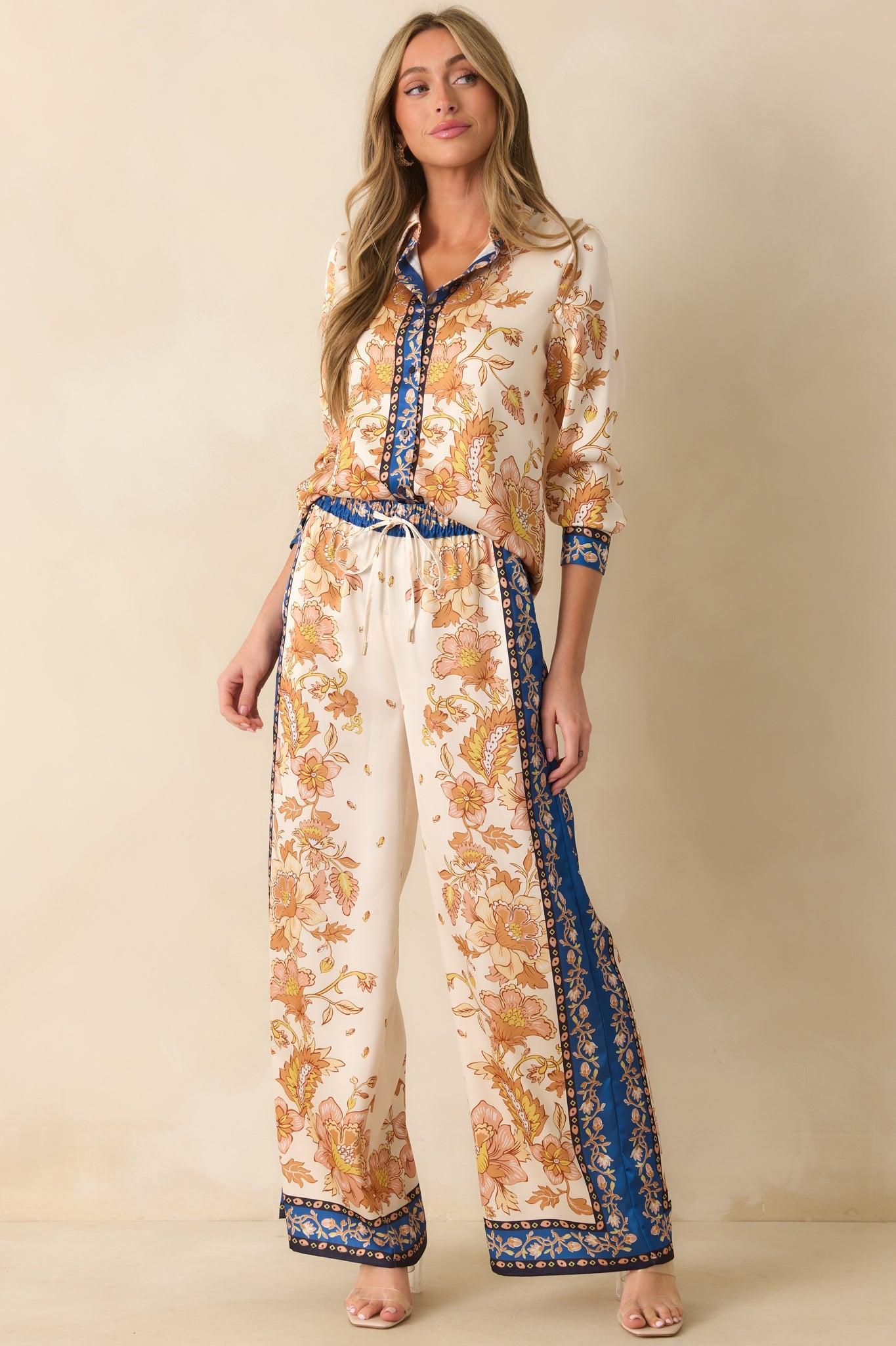 Took Her Time Ivory Multi Floral Print Satin Button Front Top