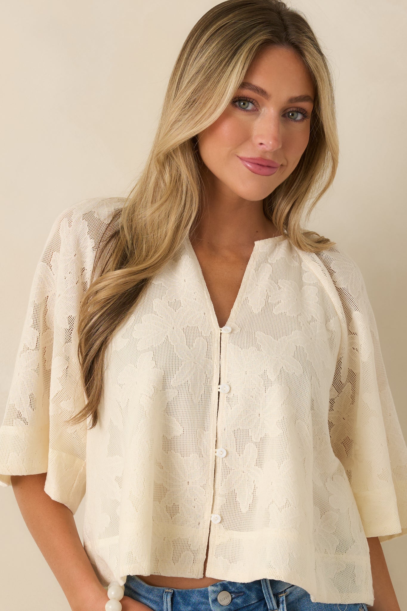 FRNCH Maresias Ivory Eyelet Embroidered Kimono Blouse