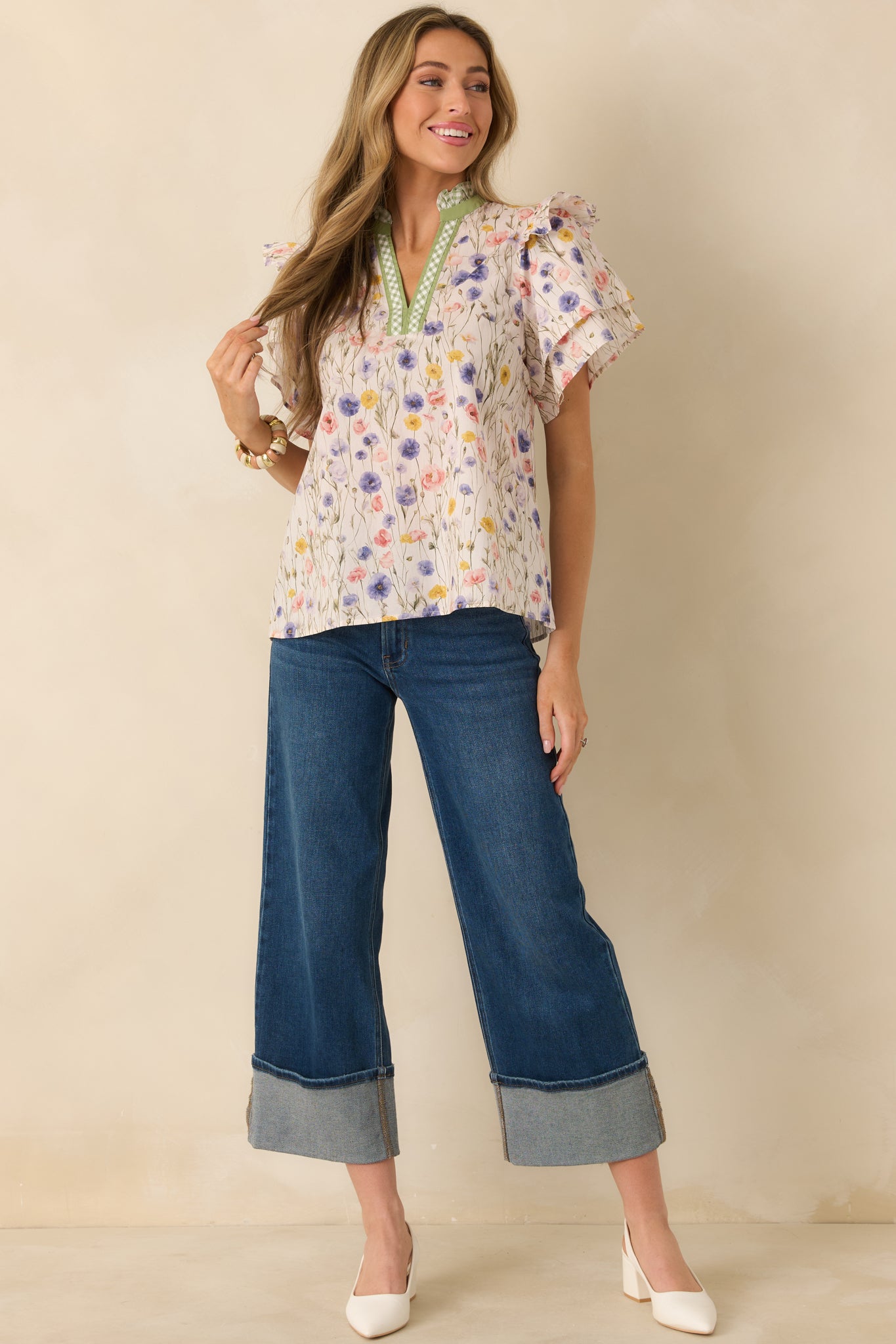 Painted Meadows Ivory Multi Cotton Floral Print Ruffle Sleeve Blouse