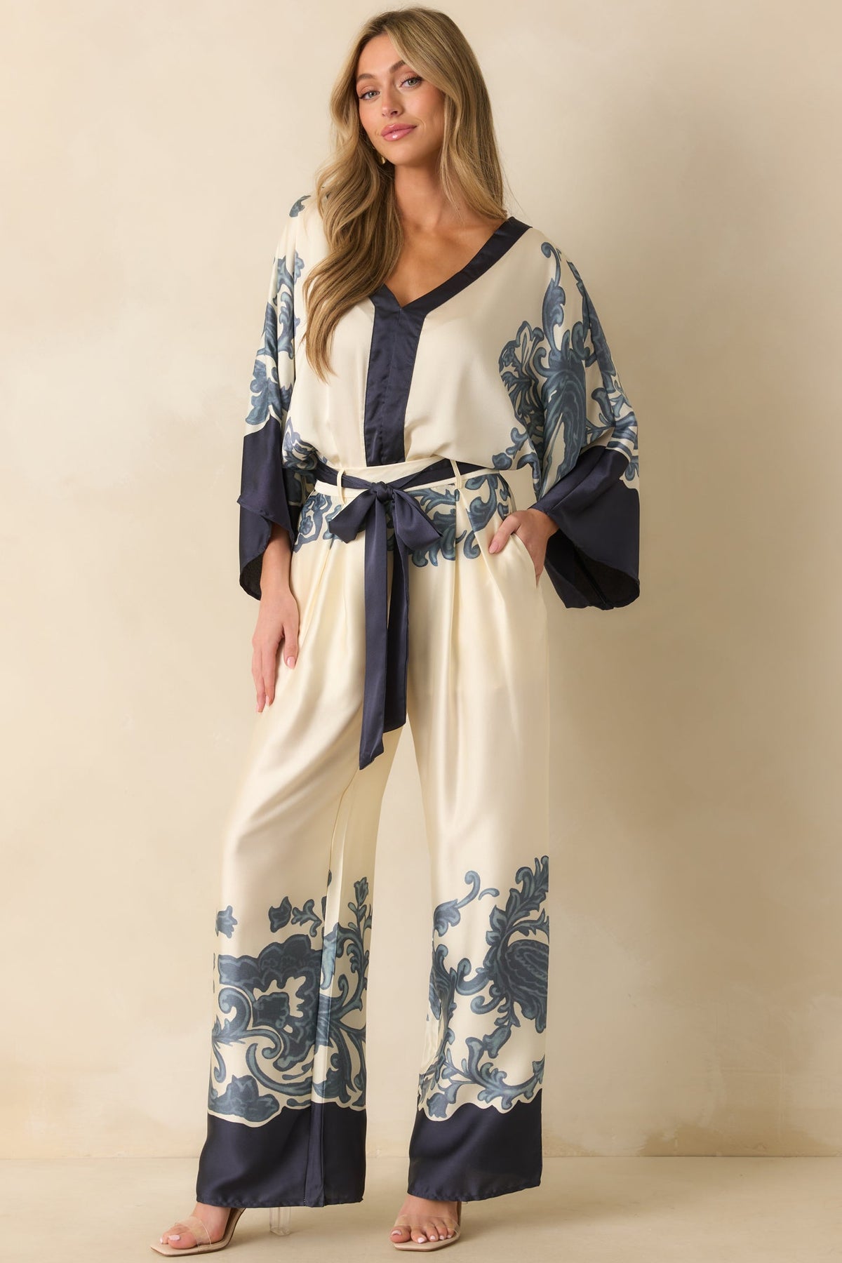 With That Said Navy Multi Print Contrast Trim Kimono Sleeve Bodysuit