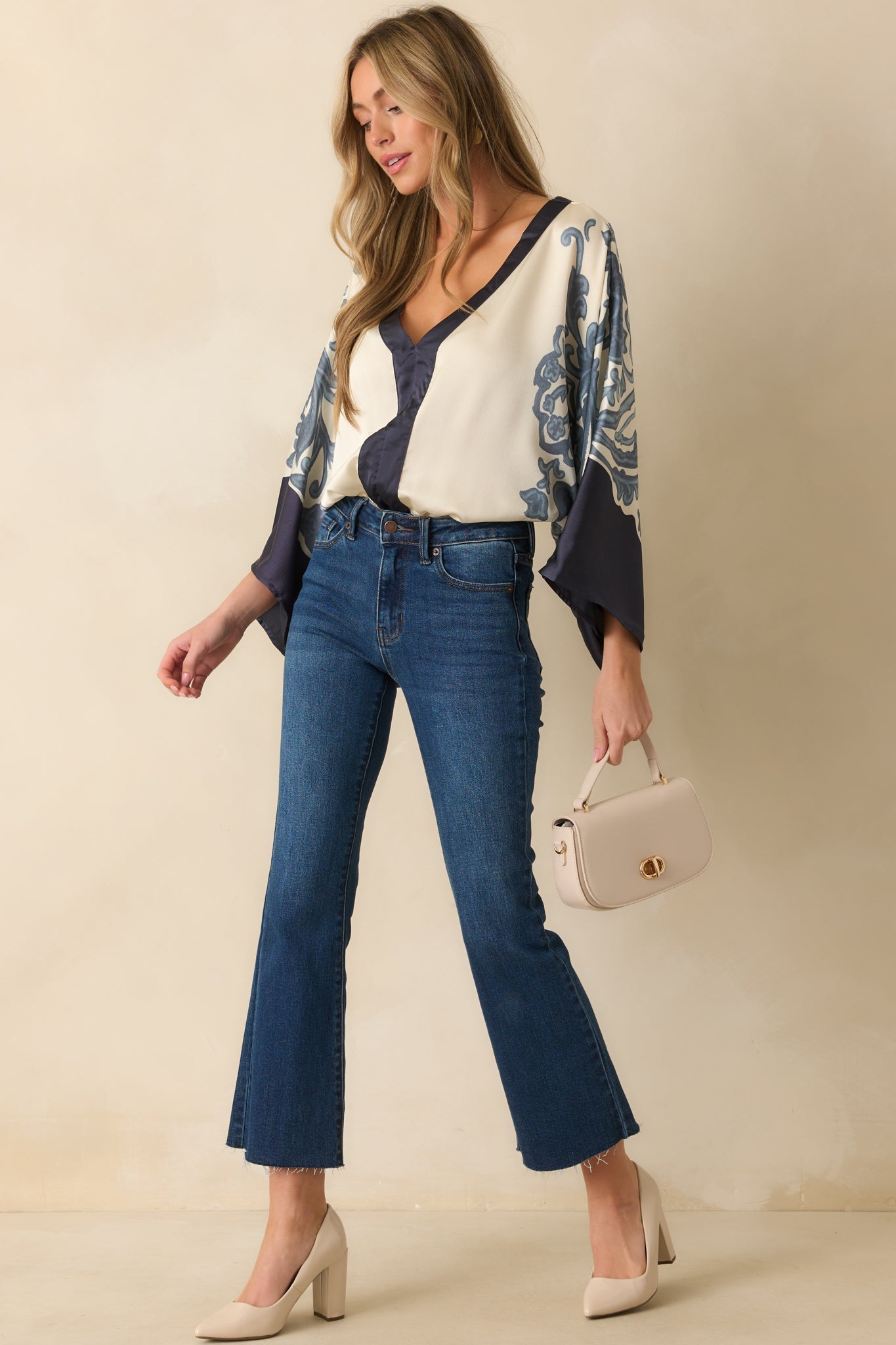 With That Said Navy Multi Print Contrast Trim Kimono Sleeve Bodysuit