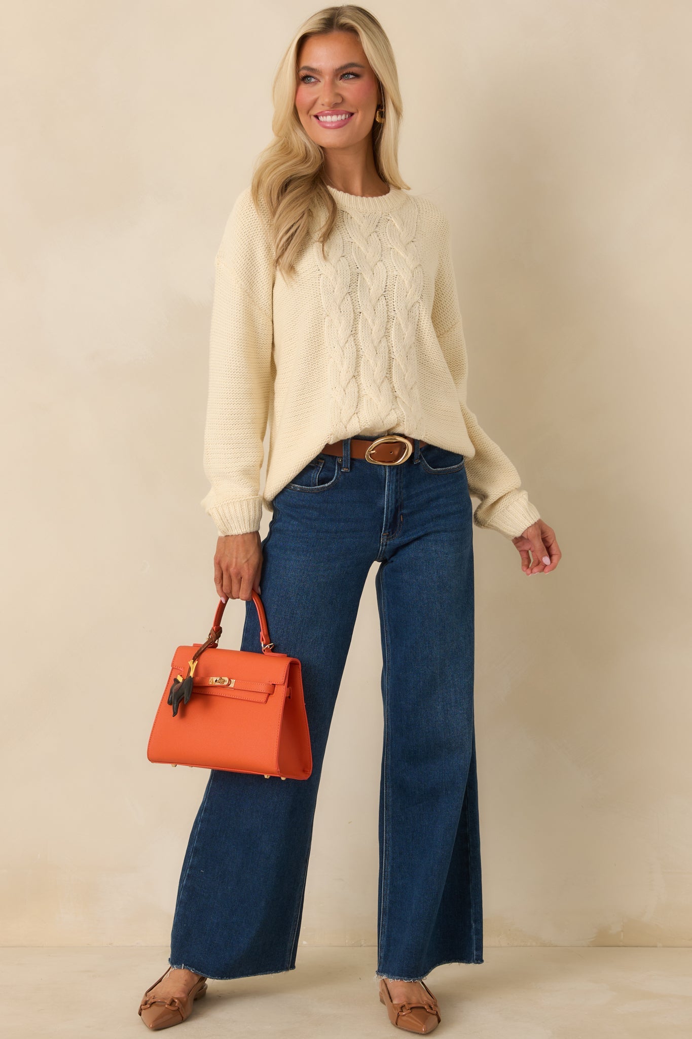 All the While Ivory Cable Knit Crewneck Pullover Sweater