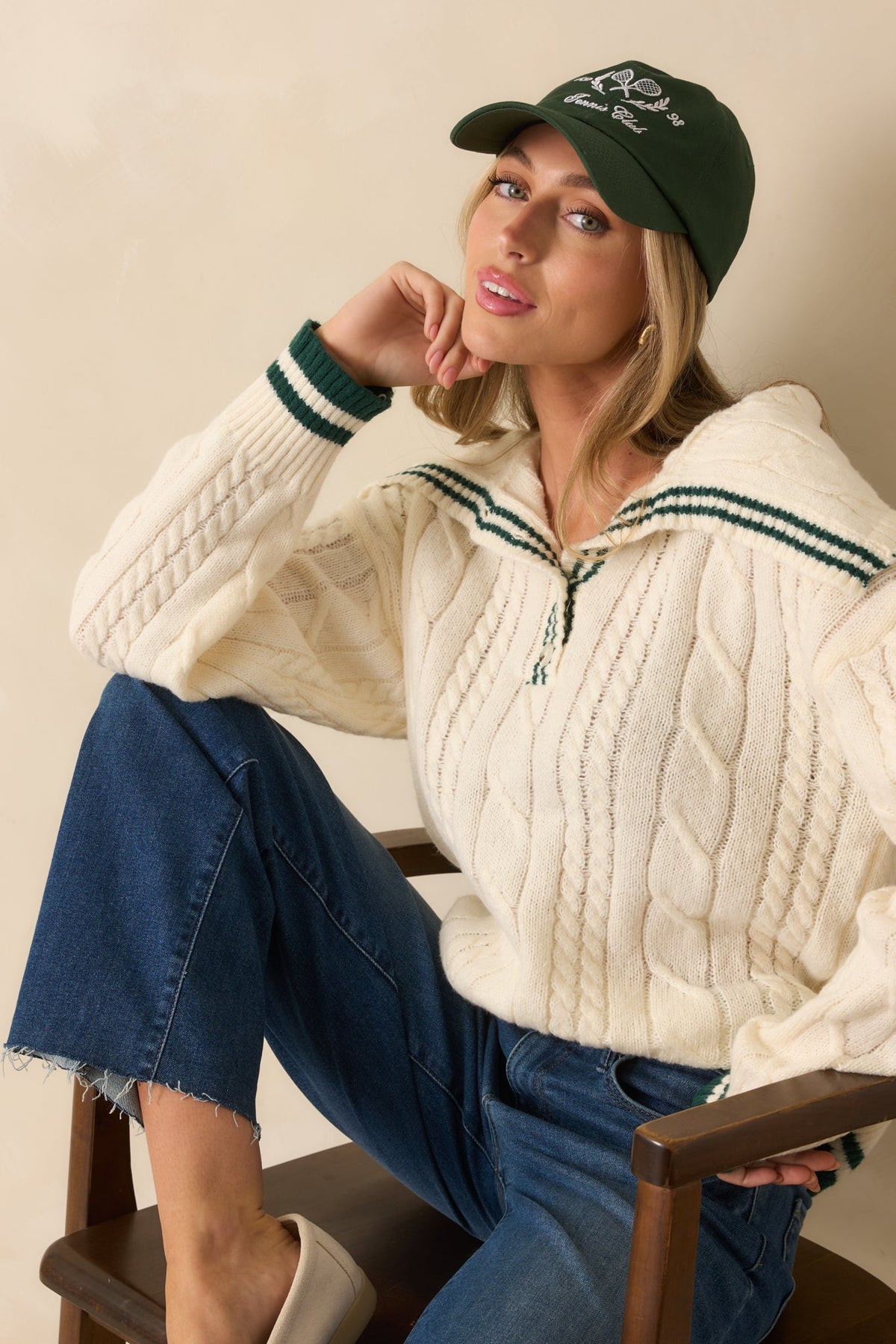 Just Going With It Ivory Cable Knit Contrast Trim Collared Sweater