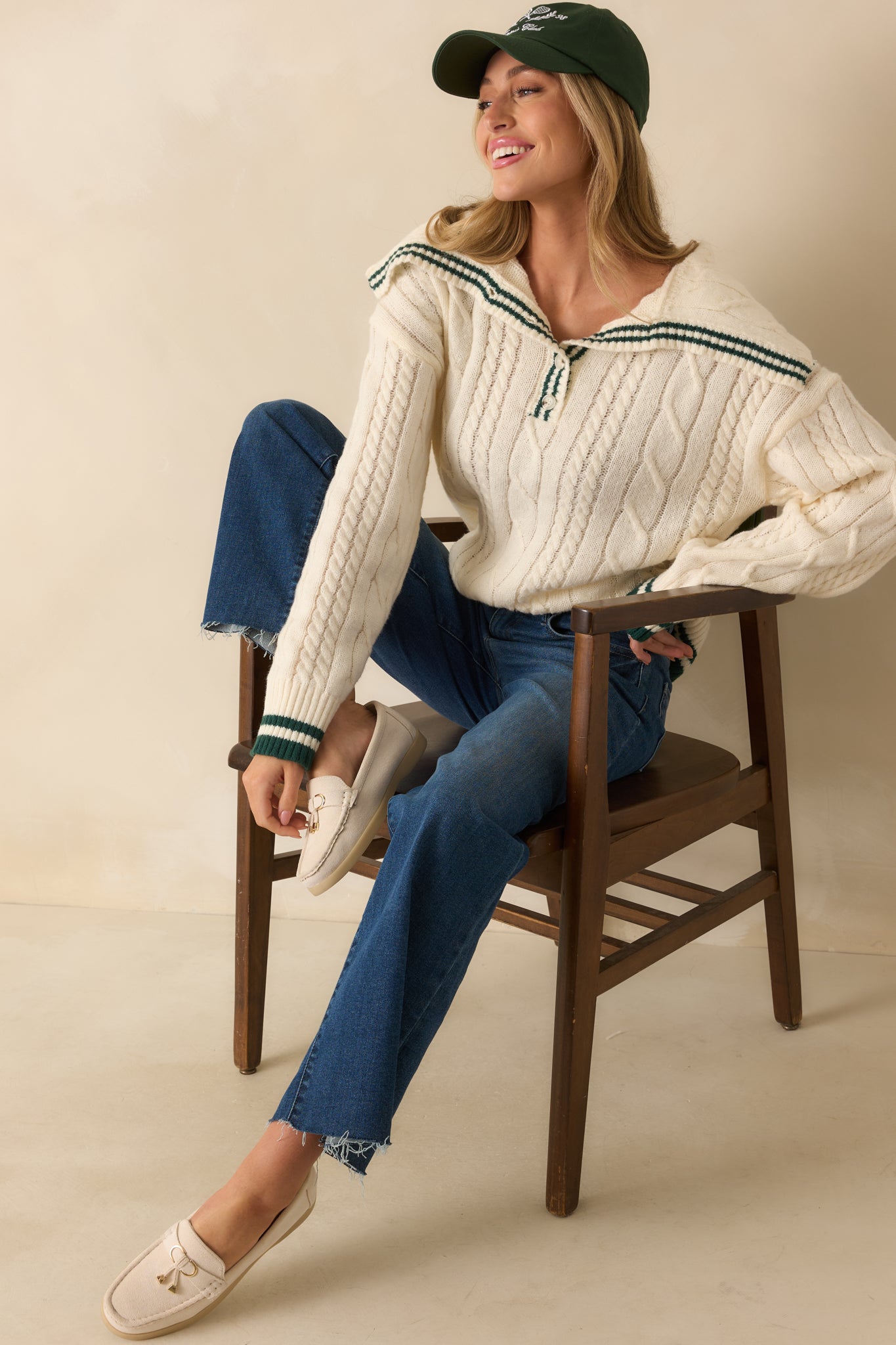Just Going With It Ivory Cable Knit Contrast Trim Collared Sweater