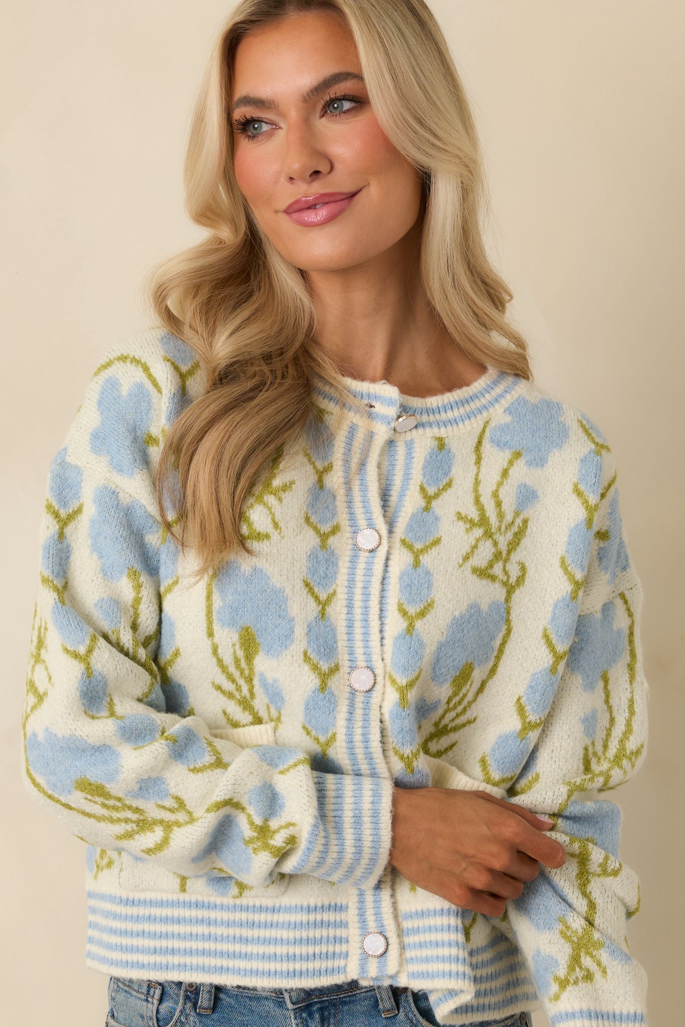 Softly into the Season Ivory & Blue Floral Button Up Cardigan Sweater