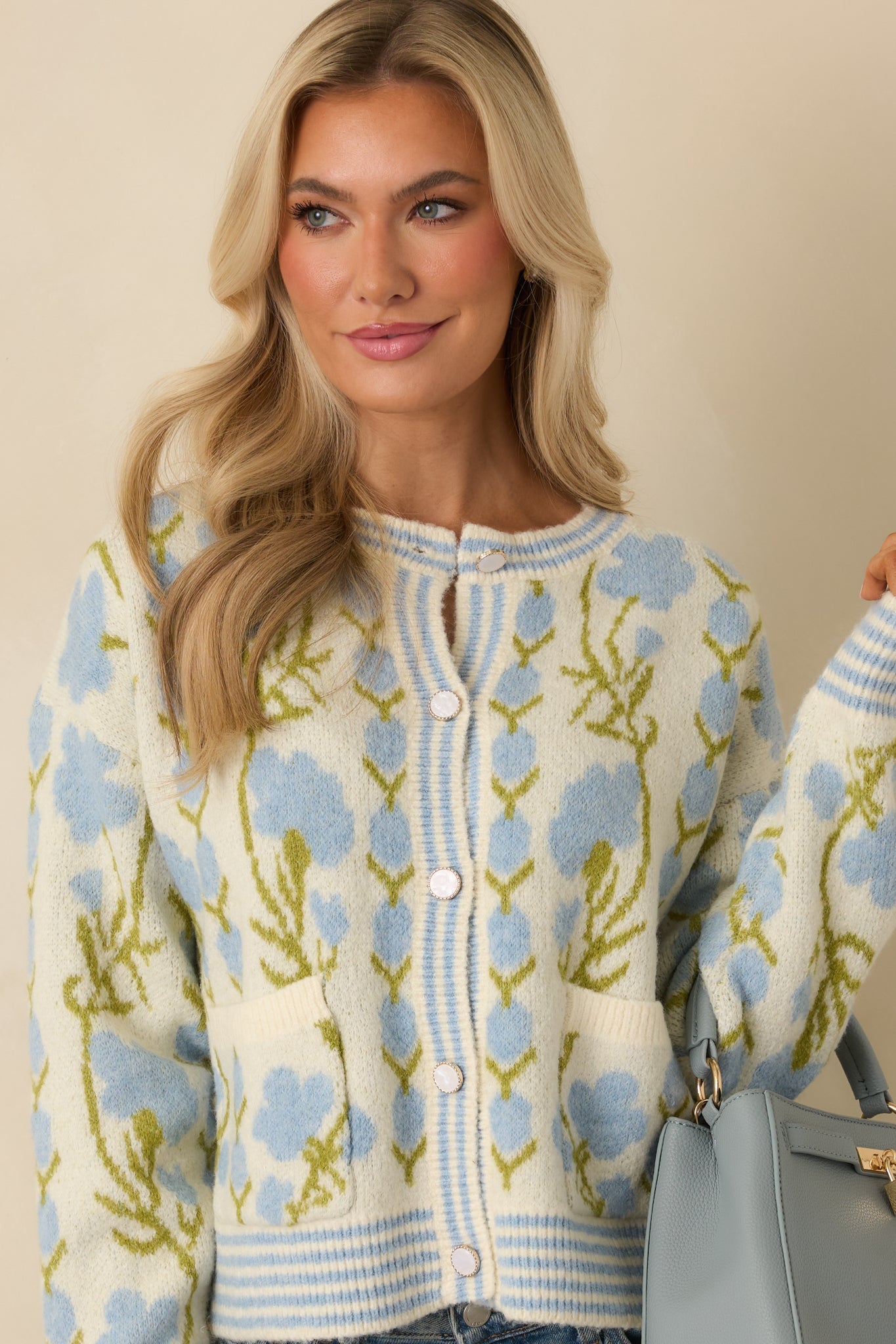 Softly into the Season Ivory & Blue Floral Button Up Cardigan Sweater