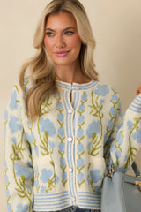 Softly into the Season Ivory & Blue Floral Button Up Cardigan Sweater
