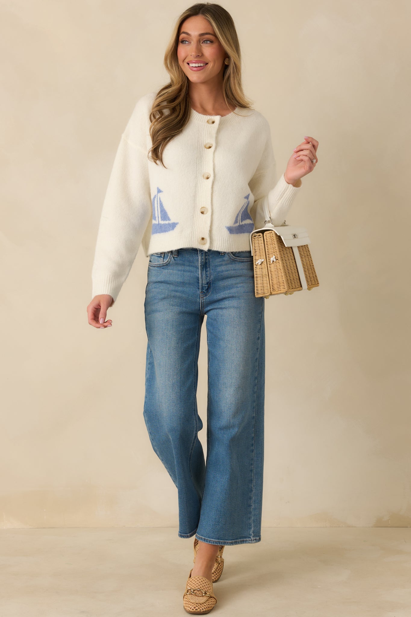 Catch the Breeze Ivory Sailboat Knit Button Front Cardigan Sweater