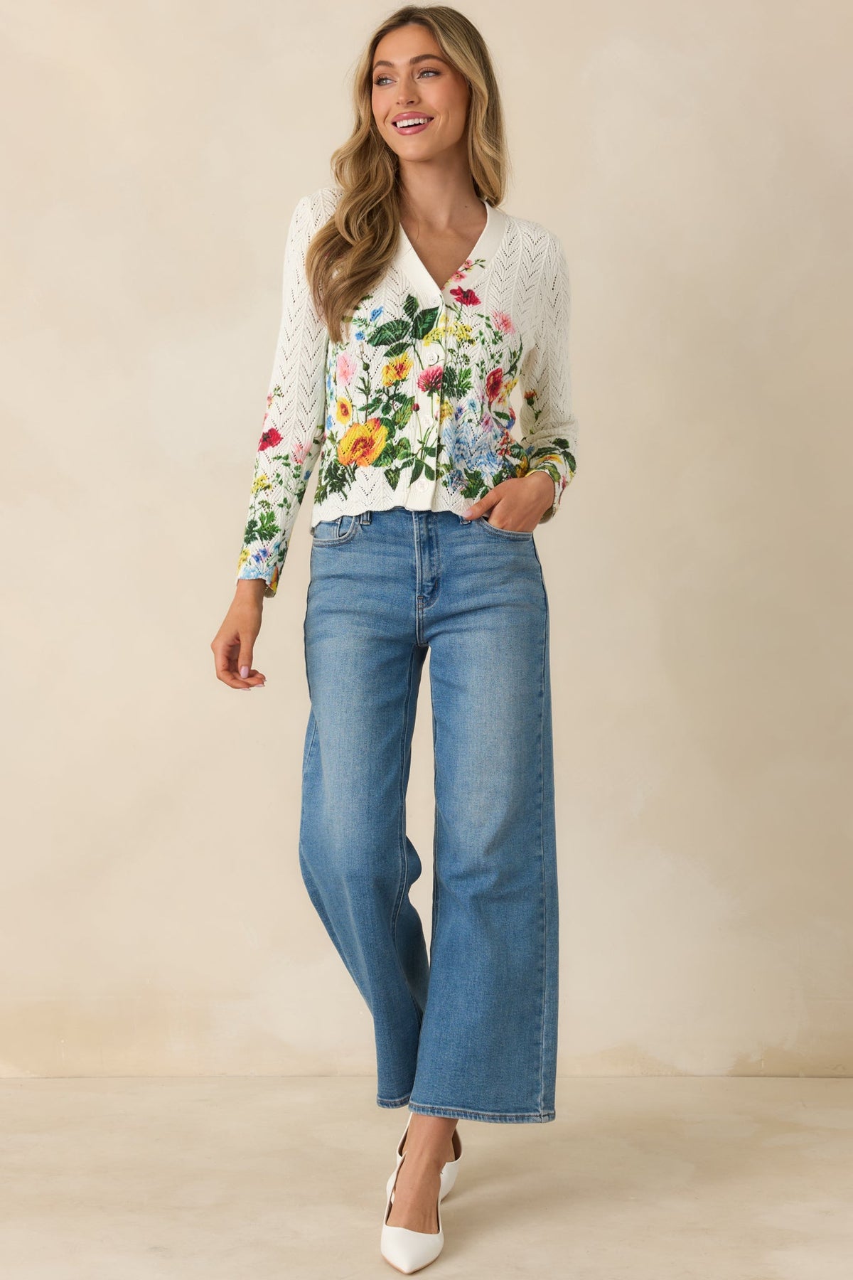 A Beautiful Arrangement Ivory Multi Floral Cotton Pointelle Cardigan
