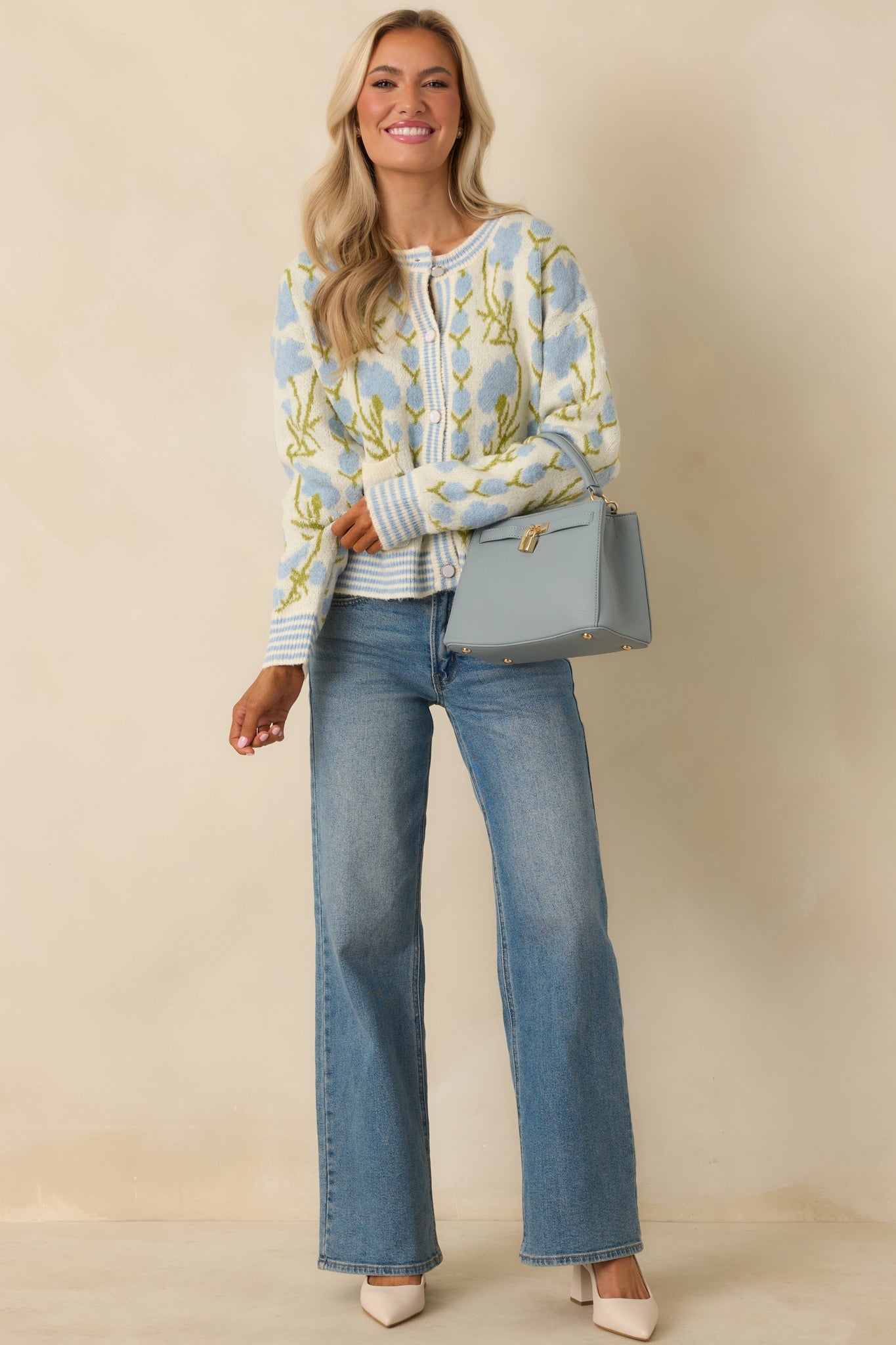 Softly into the Season Ivory & Blue Floral Button Up Cardigan Sweater