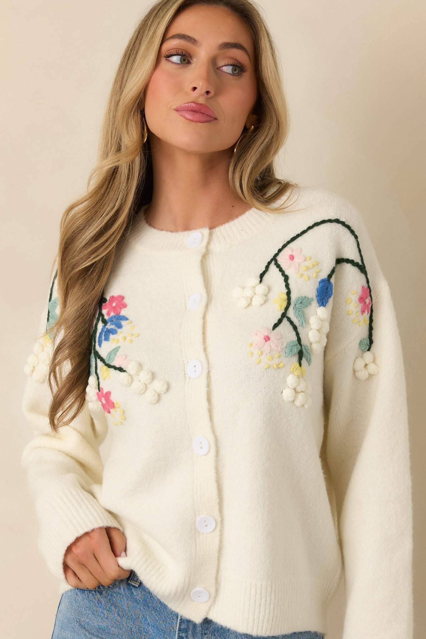 Where the Wildflowers Are Ivory Multi Knit Floral Embroidered Cardigan Sweater