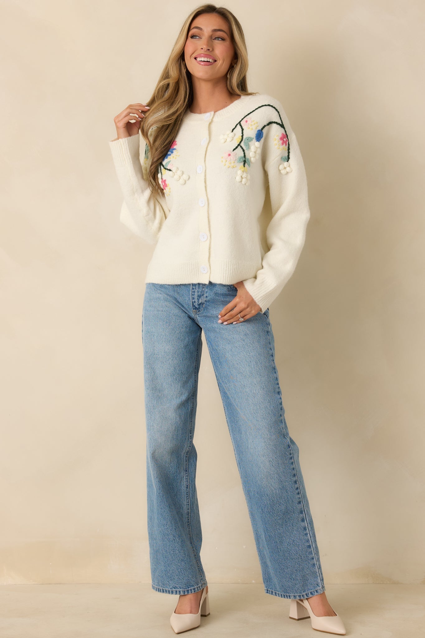 Where the Wildflowers Are Ivory Multi Knit Floral Embroidered Cardigan Sweater
