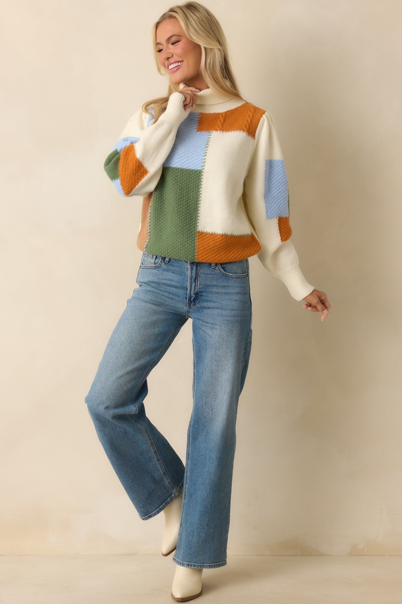 To Each Their Own Ivory Multi Patchwork Turtleneck Sweater