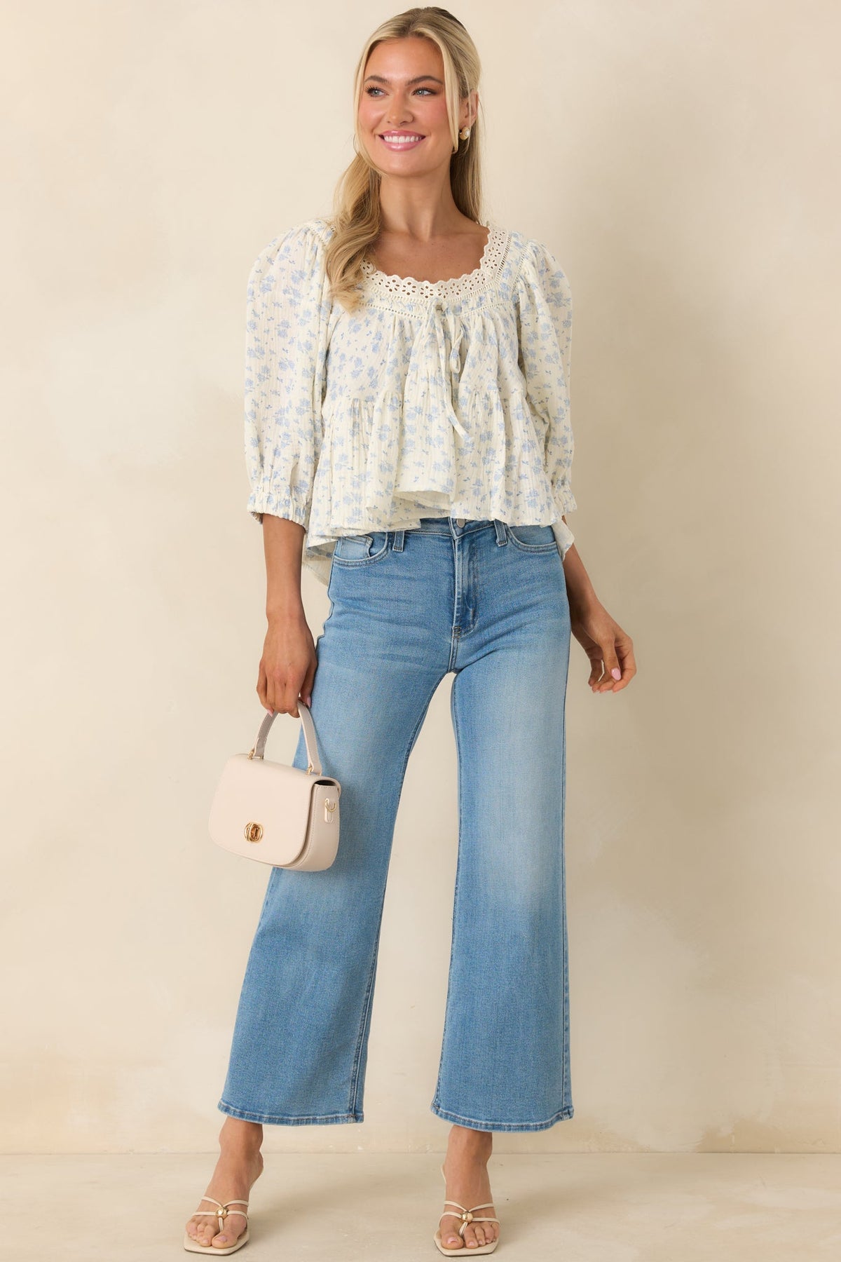 Sweetest Story Ivory & Blue Floral Cotton Blouse