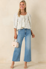 Sweetest Story Ivory & Blue Floral Cotton Blouse