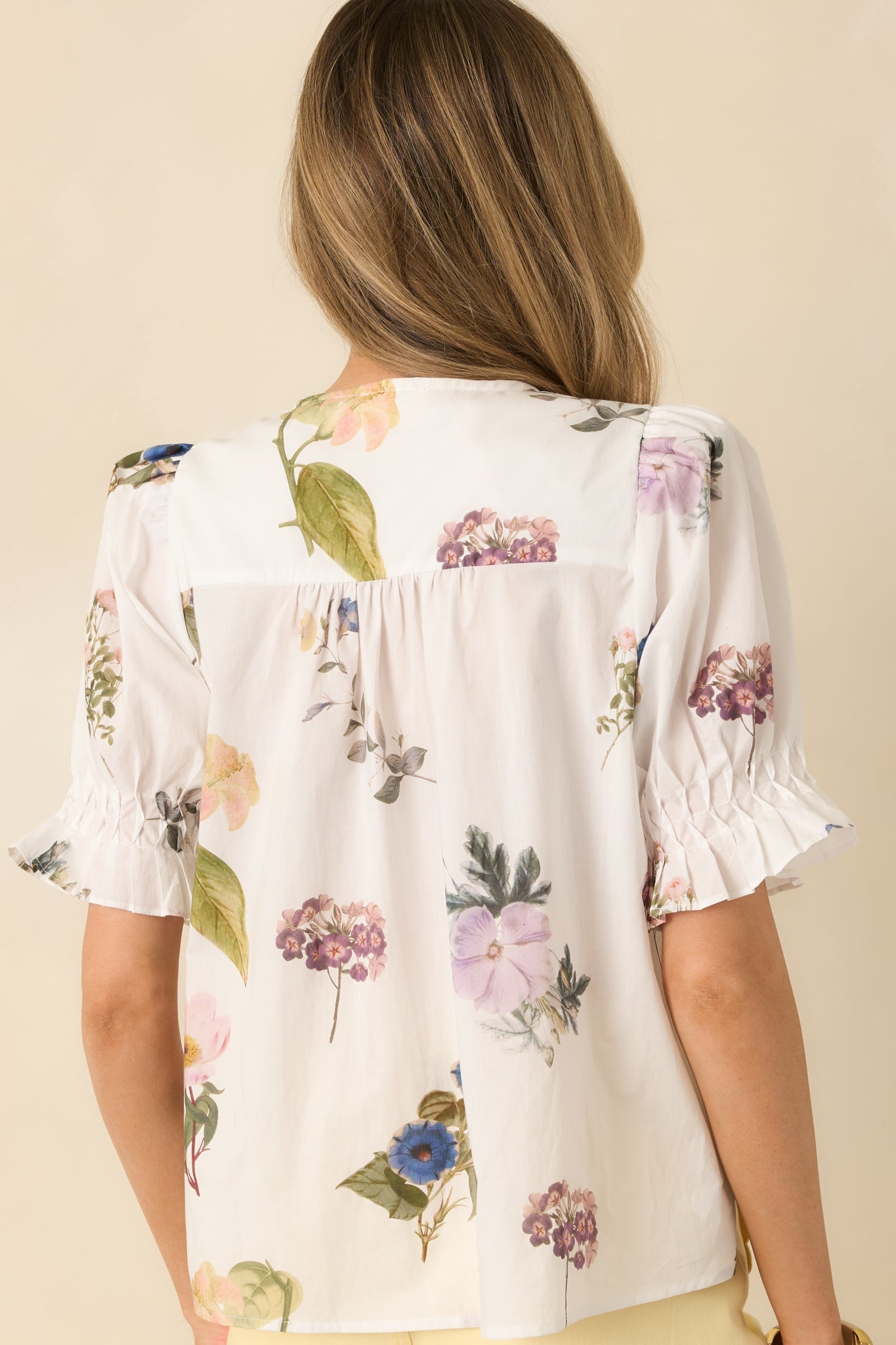 Just Add Flowers Ivory Multi Floral Print Pintuck Puff Sleeve Blouse