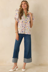 Painted Meadows Ivory Multi Cotton Floral Print Ruffle Sleeve Blouse